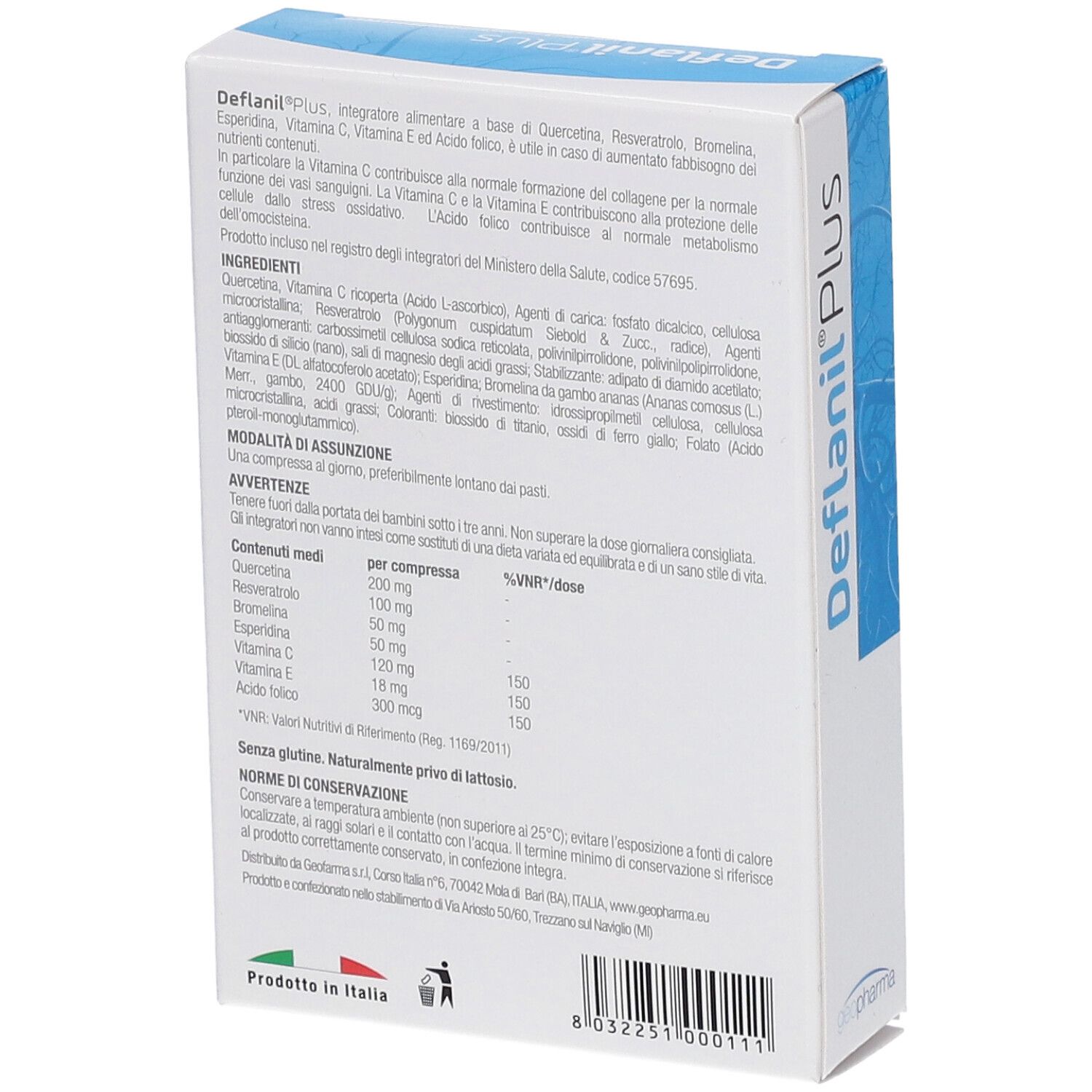 Dos de la boîte "Deflanil Plus". Texte avec ingrédients, dosage et avertissements. Logo Geopharma. Fabriqué en Italie.