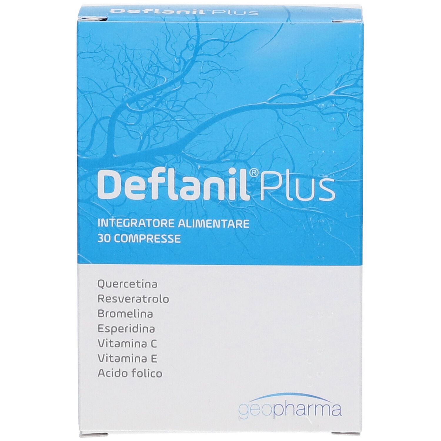 Boîte bleue et blanche avec le logo "Deflanil Plus". Contient 30 comprimés. Ingrédients : Quercétine, Resvératrol, Bromélaïne, etc. Logo Geopharma.
