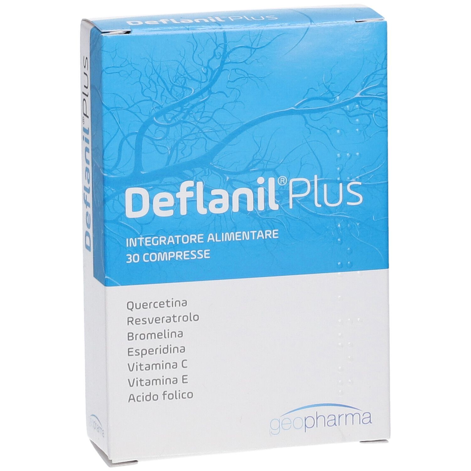 Boîte bleue et blanche avec le logo "Deflanil Plus". Contient 30 comprimés. Ingrédients : Quercétine, Resvératrol, Bromélaïne, etc. Logo Geopharma.