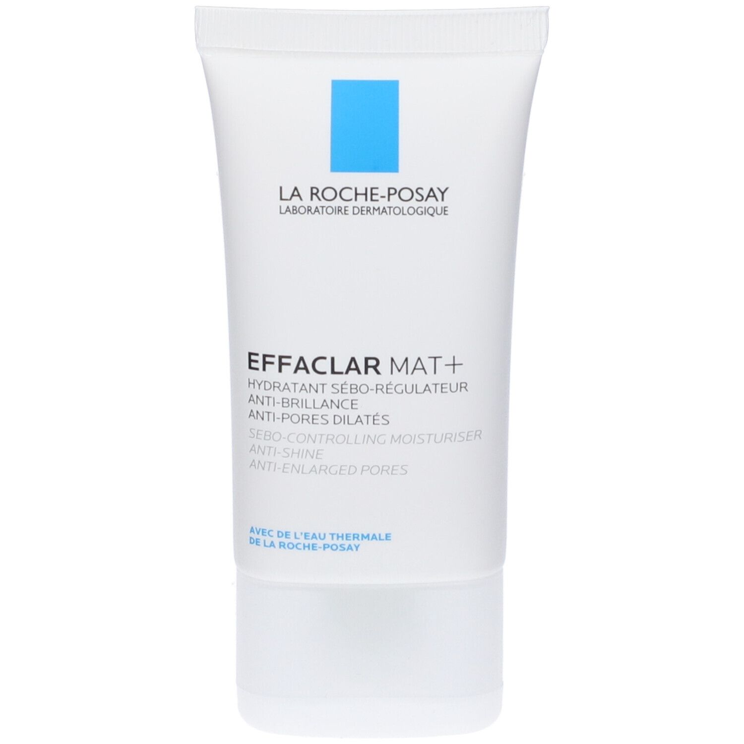Tubo bianco con quadrato blu e testo. Contiene Effaclar Mat+ di La Roche-Posay. Testo: Idratante Sebo-Regolatore Anti-Lucidità.