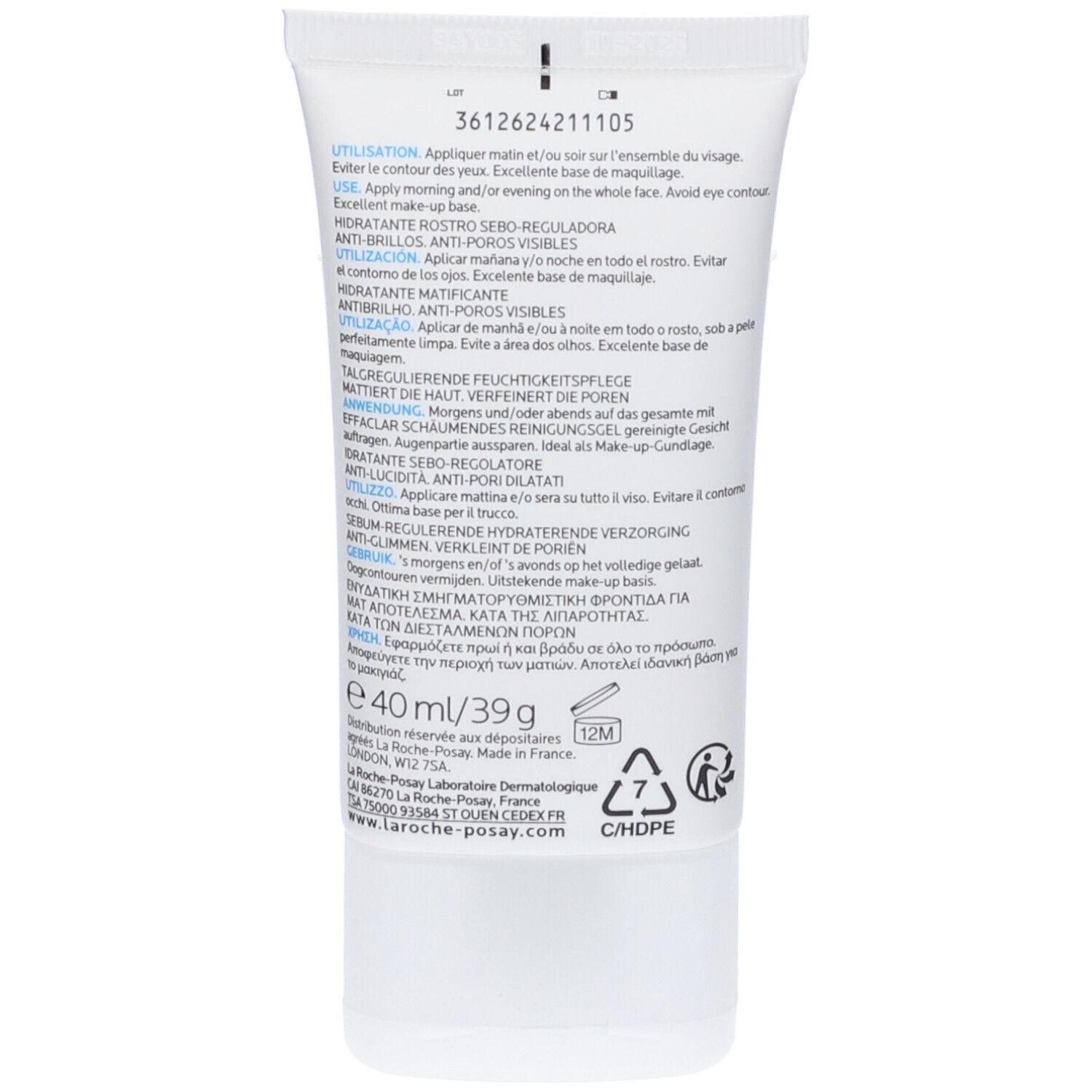 Retro del tubo con testo multilingue. Contiene informazioni su uso e ingredienti. Volume: 40 ml.