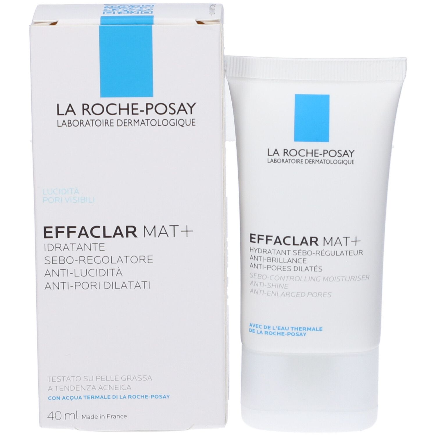 Confezione del prodotto con tubo e scatola. Entrambi mostrano La Roche-Posay Effaclar Mat+. Scatola con nome e dettagli.