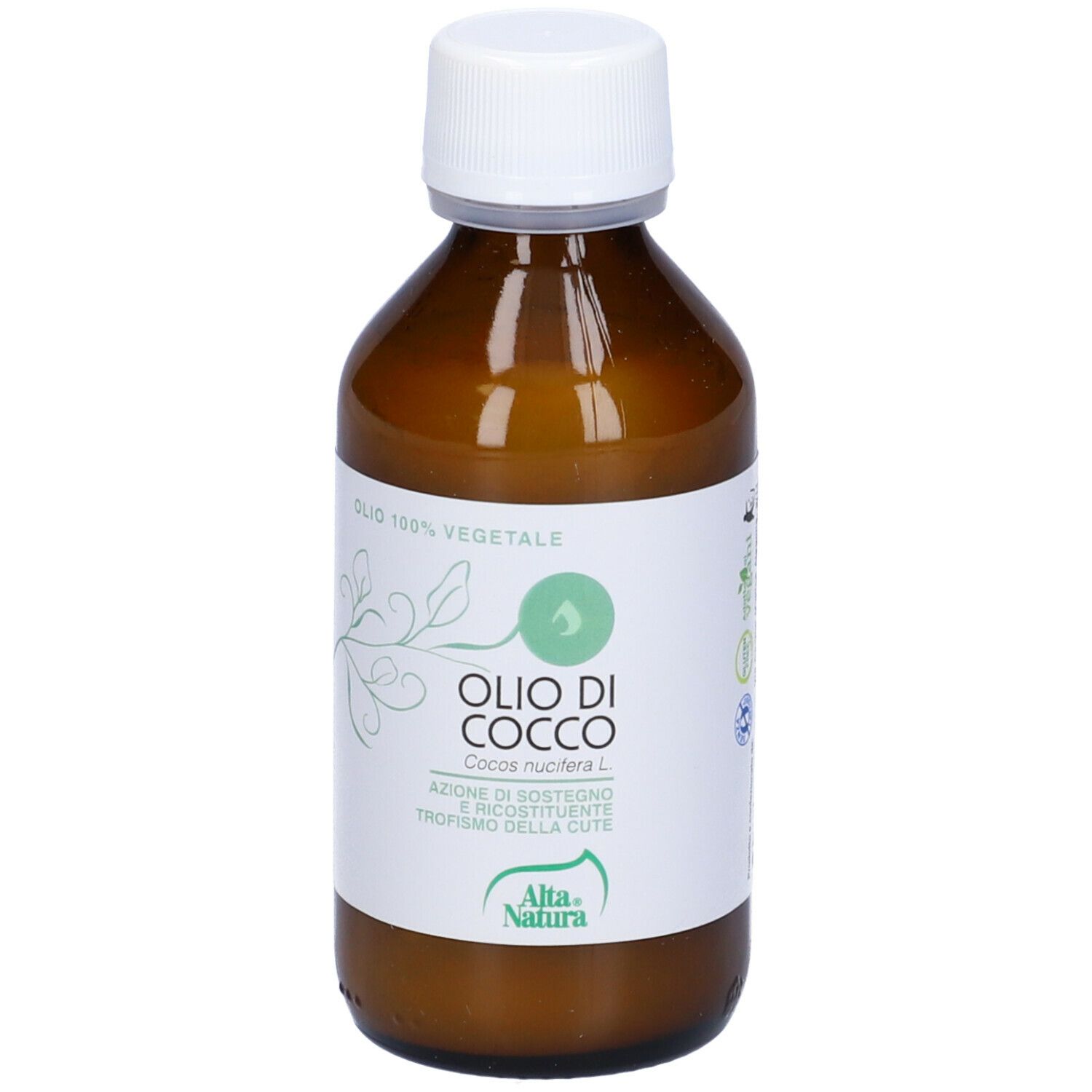 Bottiglia di vetro marrone con tappo bianco. L'etichetta riporta "Olio di Cocco" e "Alta Natura".