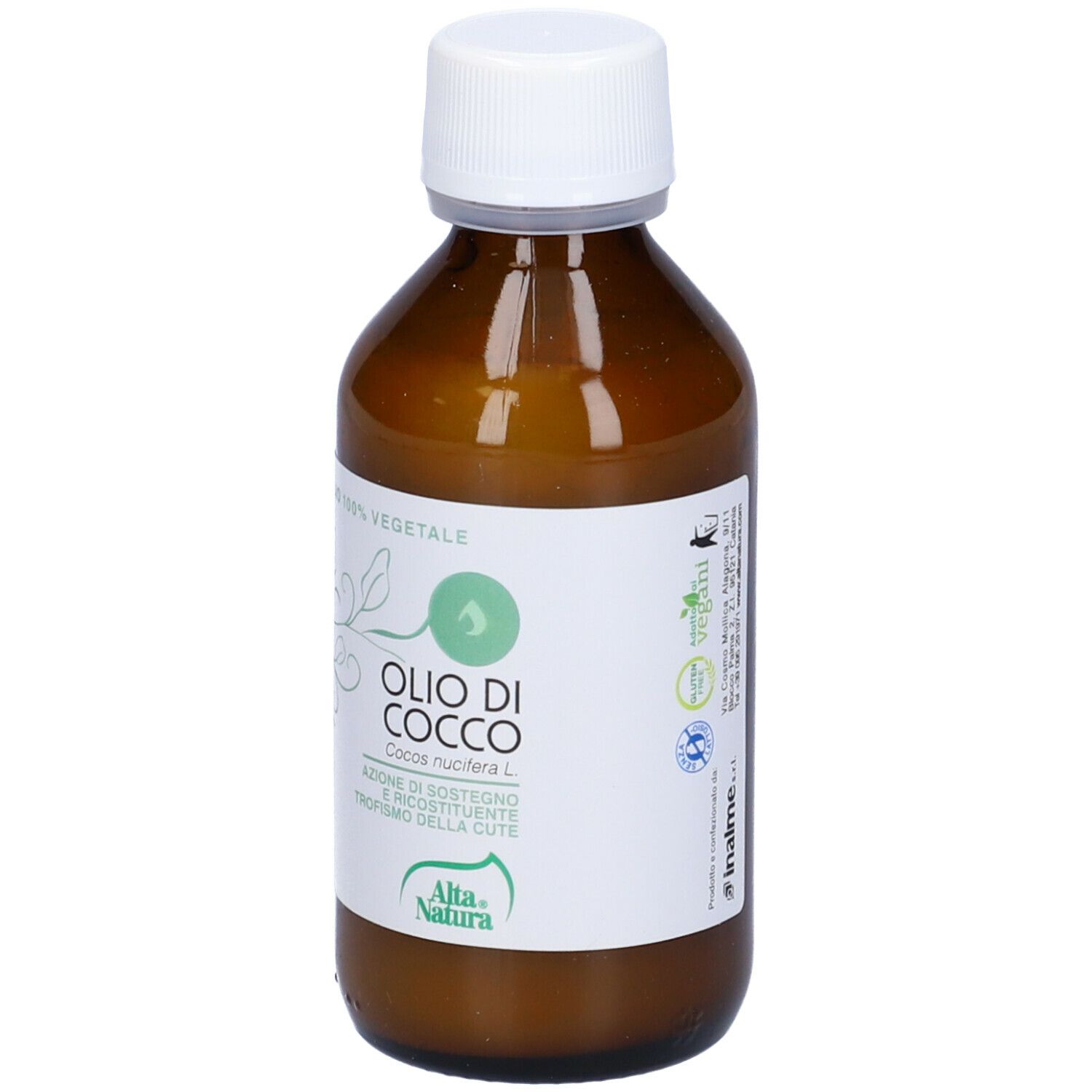 Bottiglia di vetro marrone con tappo bianco. L'etichetta riporta "Olio di Cocco" e "Alta Natura".