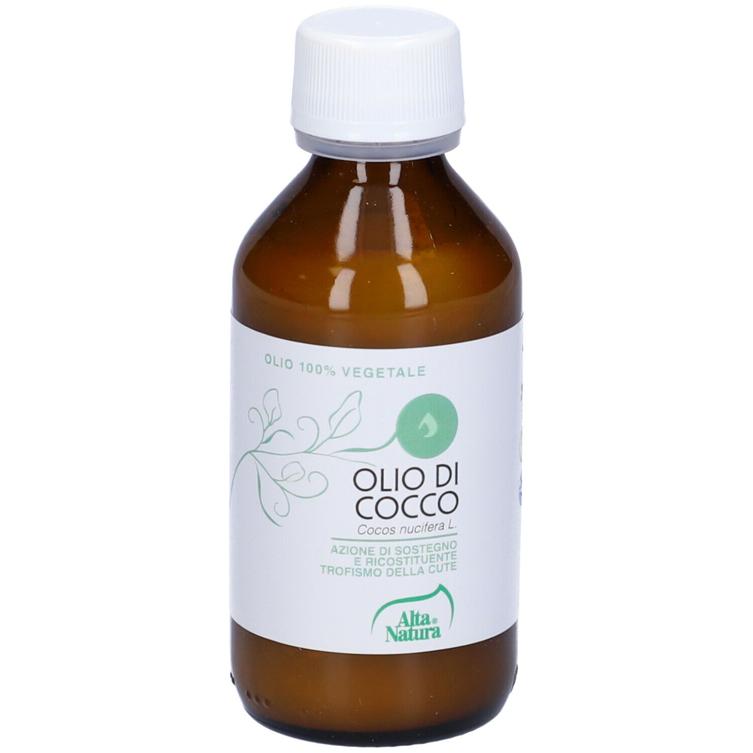 Bottiglia di vetro marrone con tappo bianco. L'etichetta riporta "Olio di Cocco" e "Alta Natura".