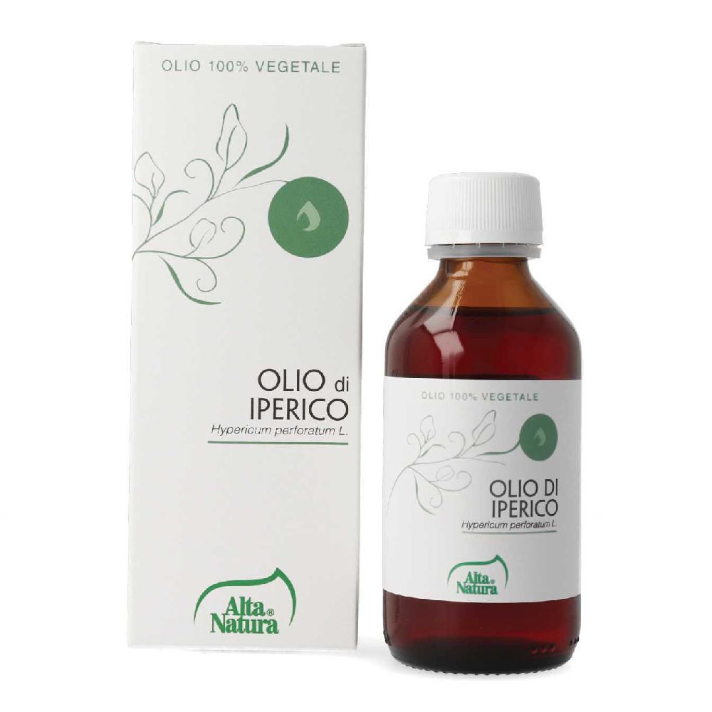 Flacone in vetro marrone e scatola con informazioni sul prodotto. Scritto: Olio di Iperico, Alta Natura. Con decorazioni verdi.