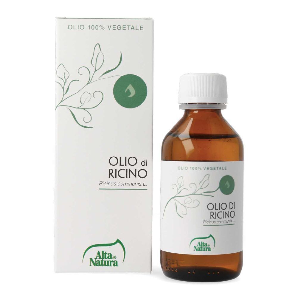 Flacone e scatola di cartone con stampa del prodotto. Scritta: Olio di Ricino, Alta Natura. 100% vegetale.