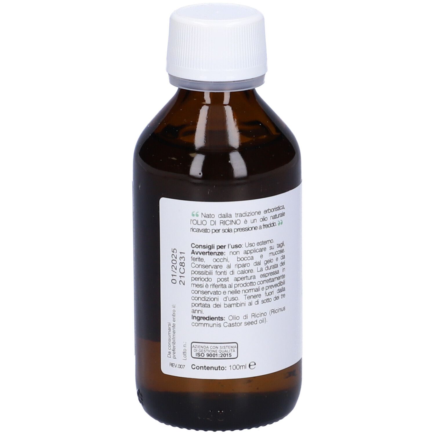 Flacone marrone con tappo bianco. Scritta: Olio di Ricino. Retro con testo e data di scadenza.