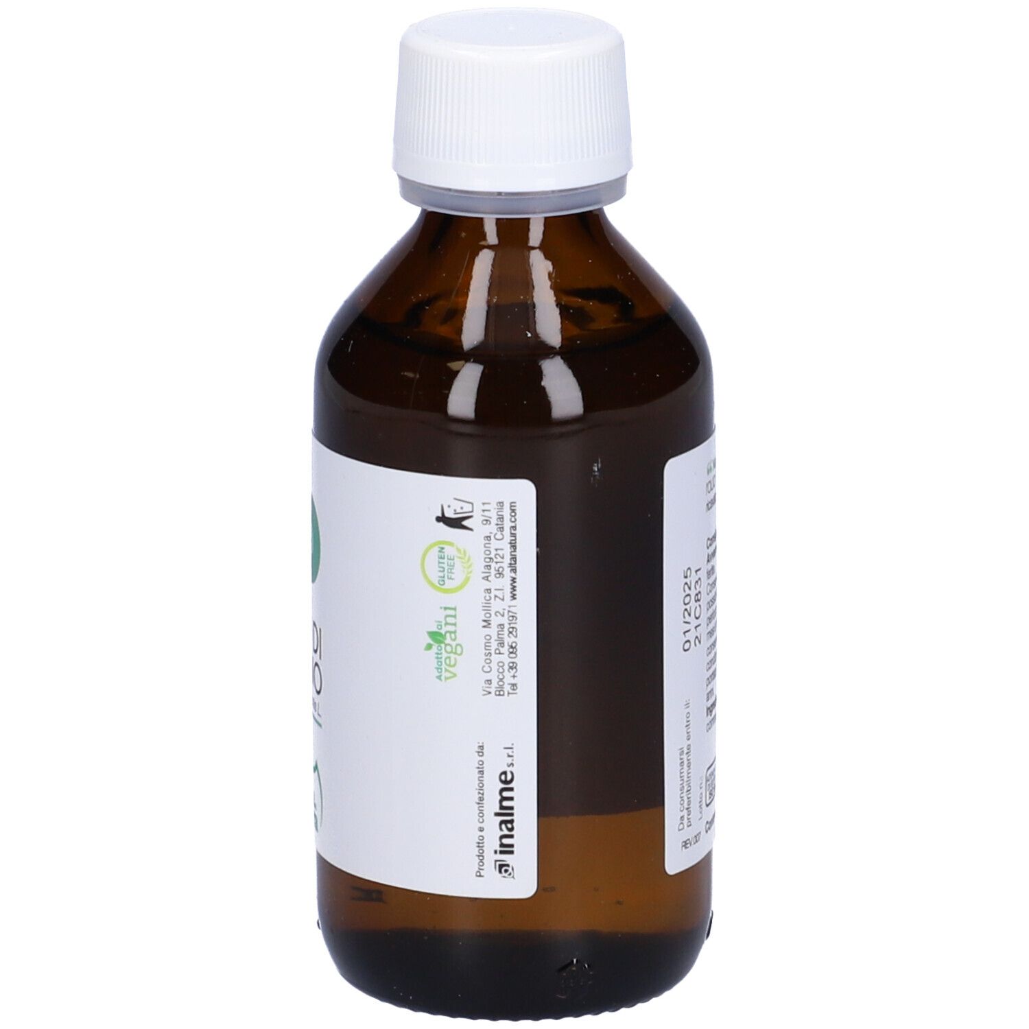 Flacone marrone con tappo bianco. Scritta: Olio di Ricino. Retro con testo e data di scadenza.