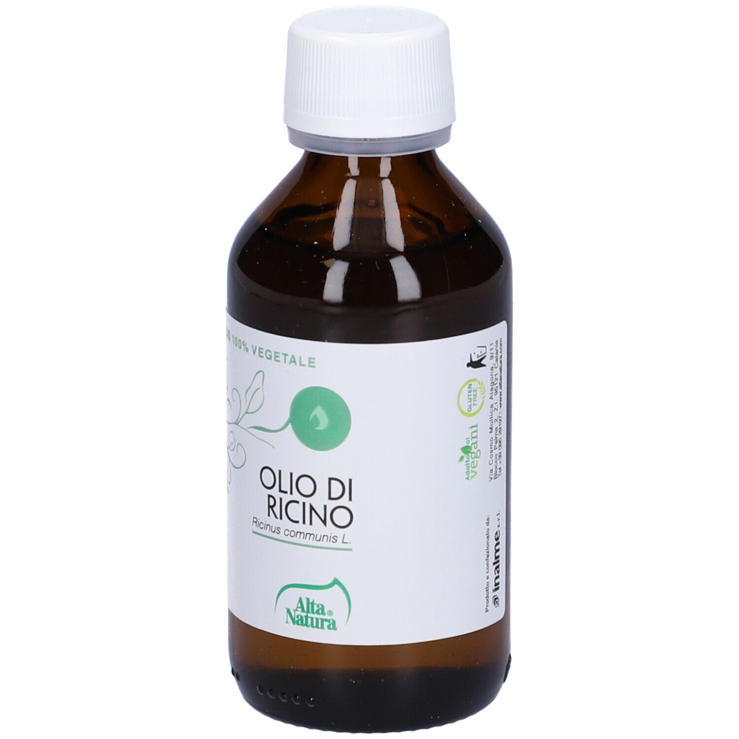 Flacone marrone con tappo bianco. Scritta: Olio di Ricino. Retro con testo e data di scadenza.