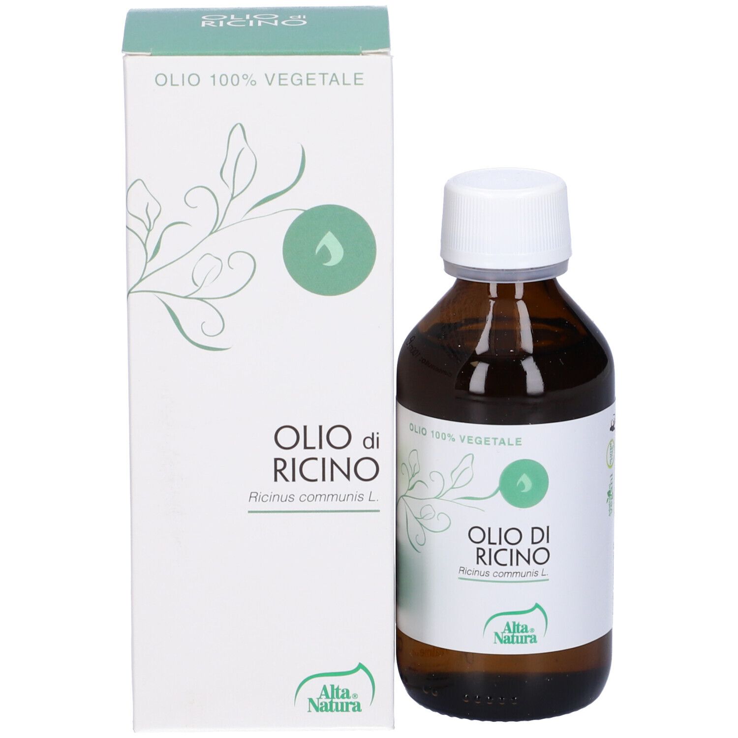 Flacone marrone con tappo bianco. Scritta: Olio di Ricino, Alta Natura. 100% vegetale.
