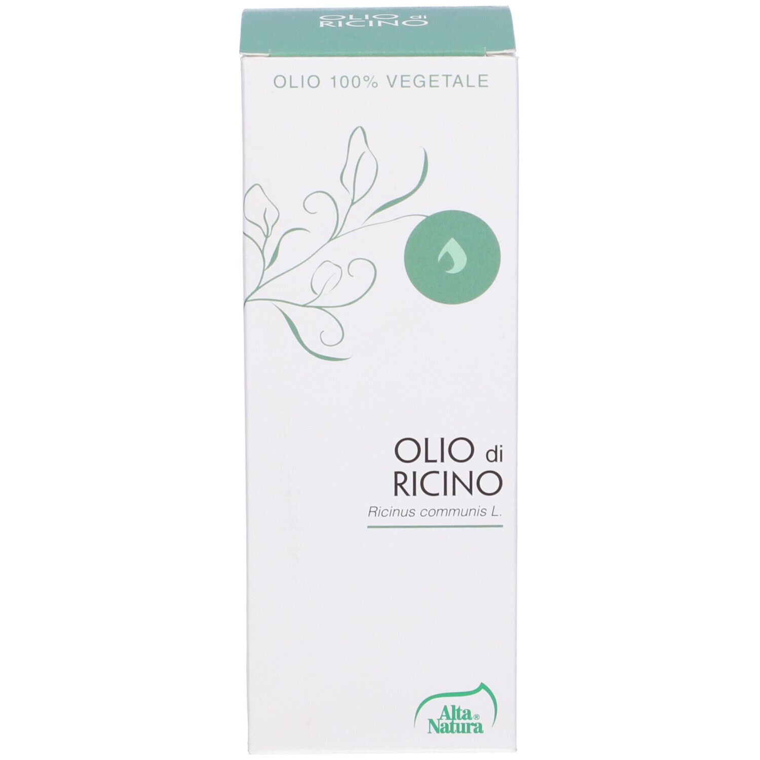 Scatola di cartone con flacone. Scritta: Olio di Ricino, Alta Natura. 100% vegetale.