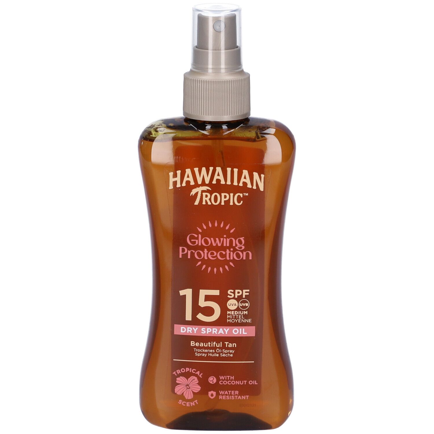 Spray olio abbronzante Hawaiian Tropic. Flacone marrone con erogatore. SPF 15. Testo: Glowing Protection, Dry Spray Oil.