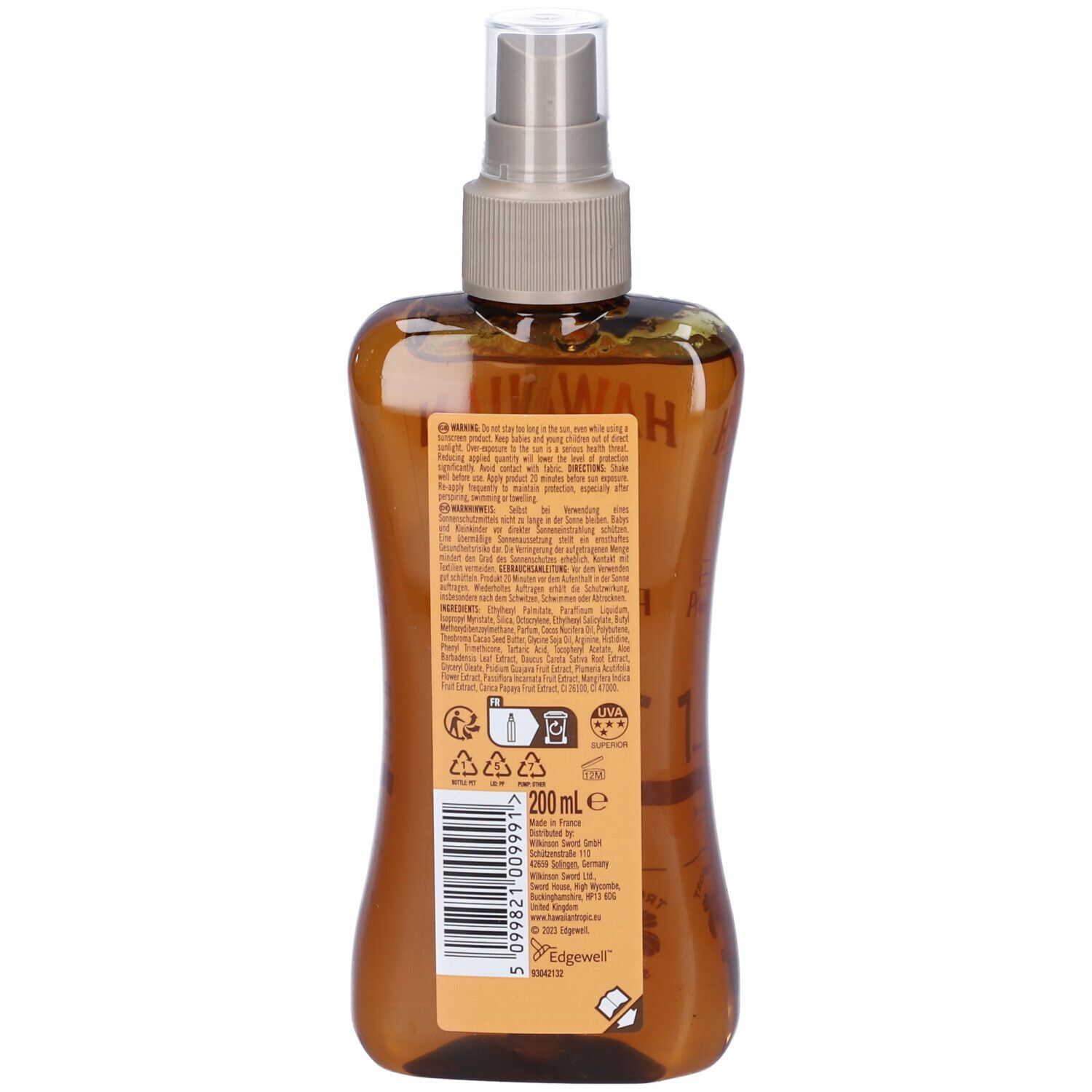 Retro del flacone spray olio abbronzante. Flacone marrone con testo e codice a barre. Testo: Hawaiian Tropic, 200 ml.