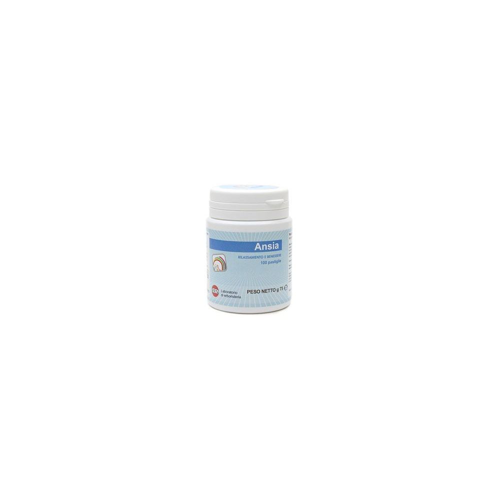 Flacone bianco con etichetta blu. Scritta "Ansia".
