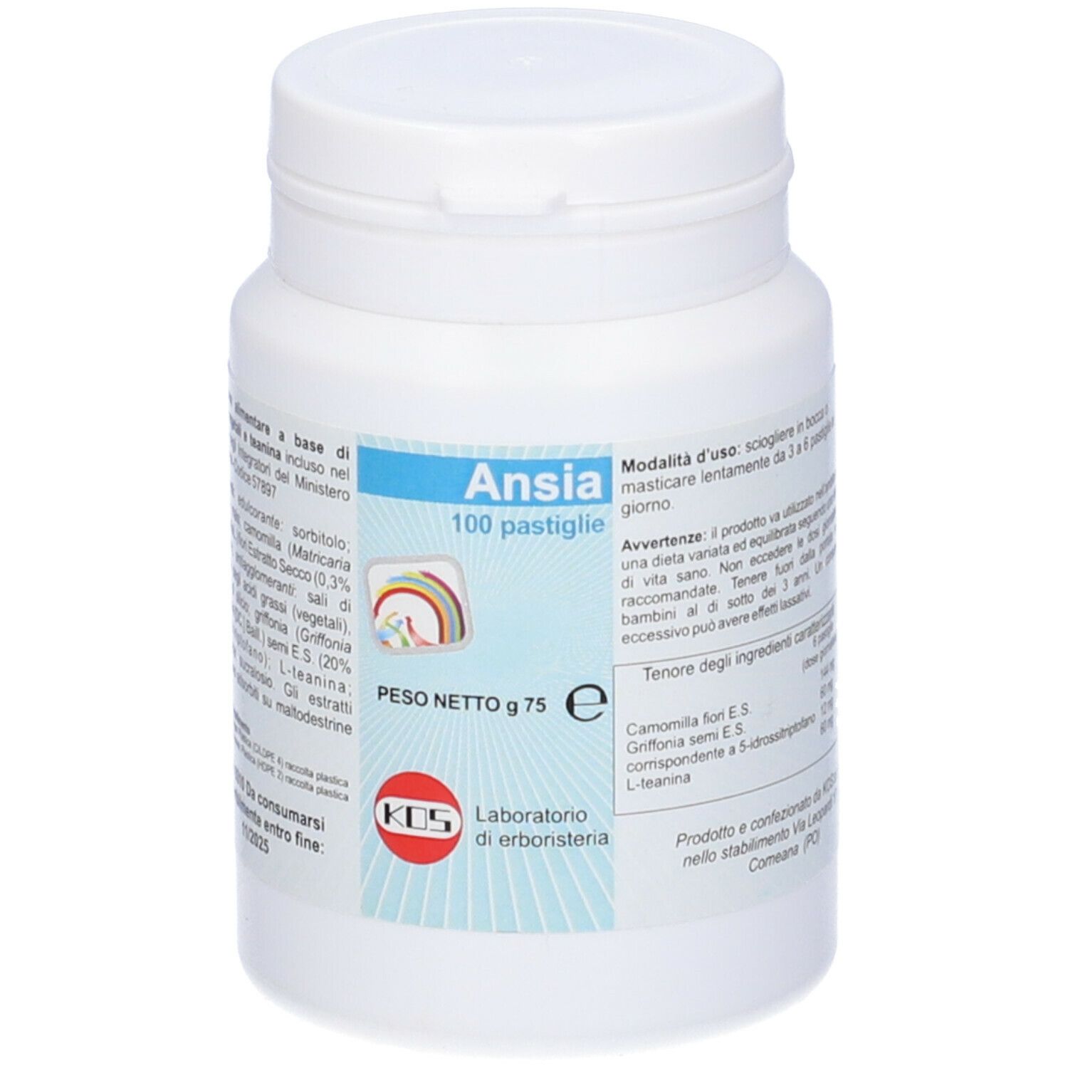 Flacone bianco con etichetta blu. Scritta "Ansia 100 pastiglie".