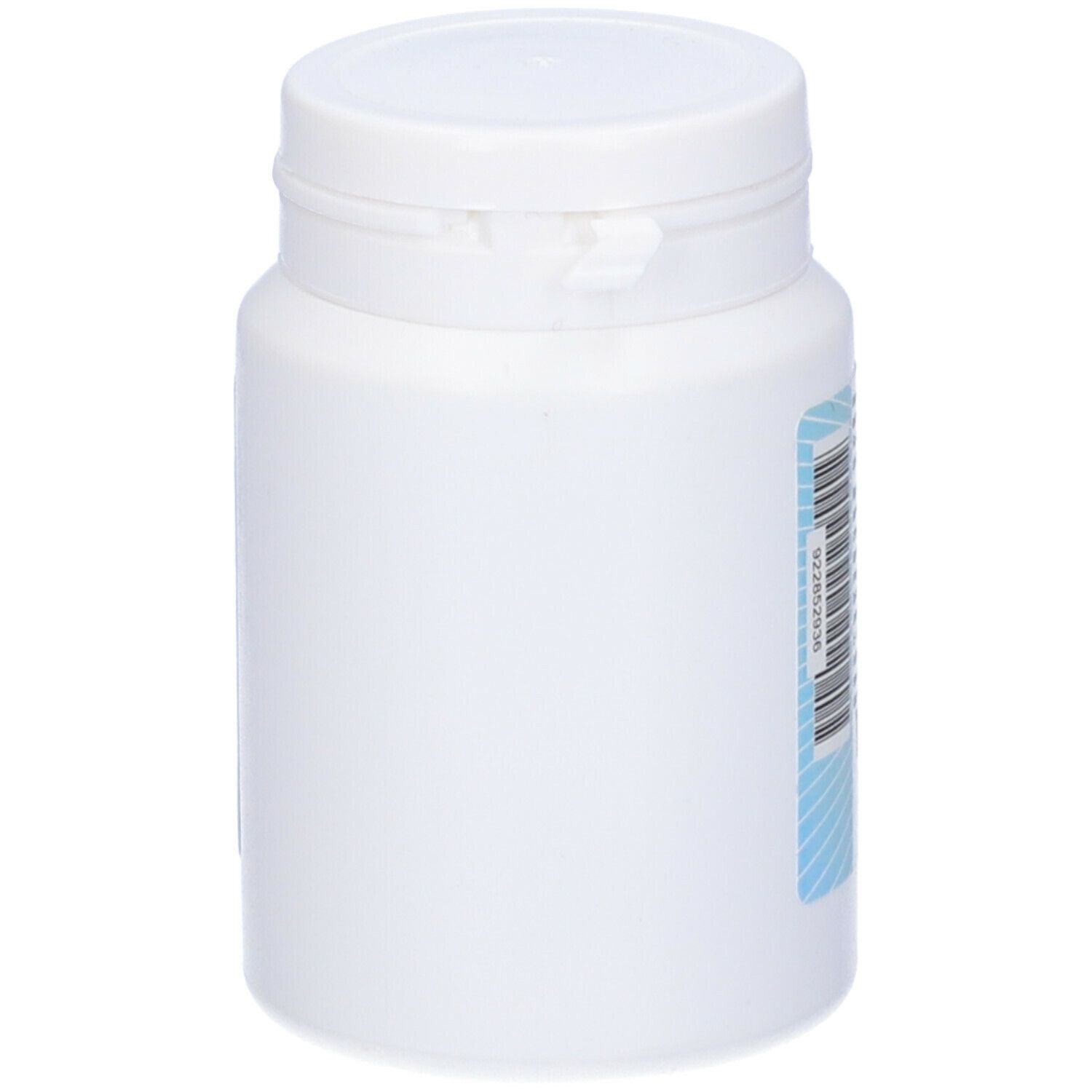 Flacone bianco con etichetta blu, vista laterale.
