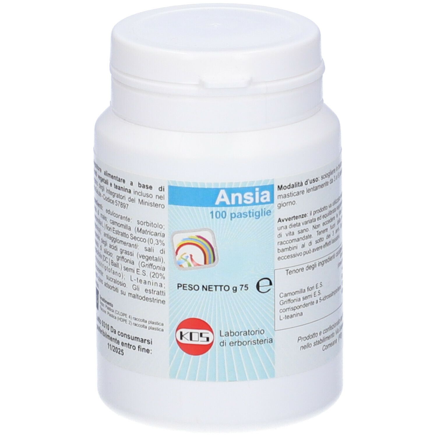 Flacone bianco con etichetta blu. Scritta "Ansia 100 pastiglie".