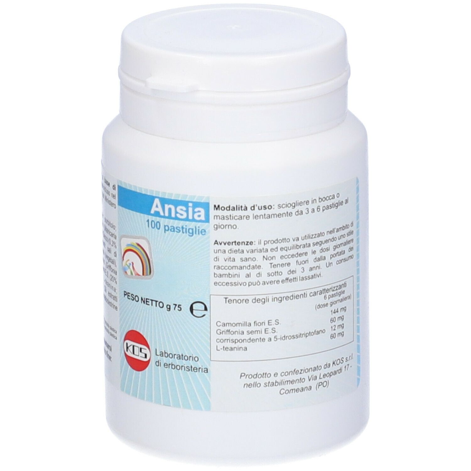 Flacone bianco con etichetta blu. Scritta "Ansia 100 pastiglie".