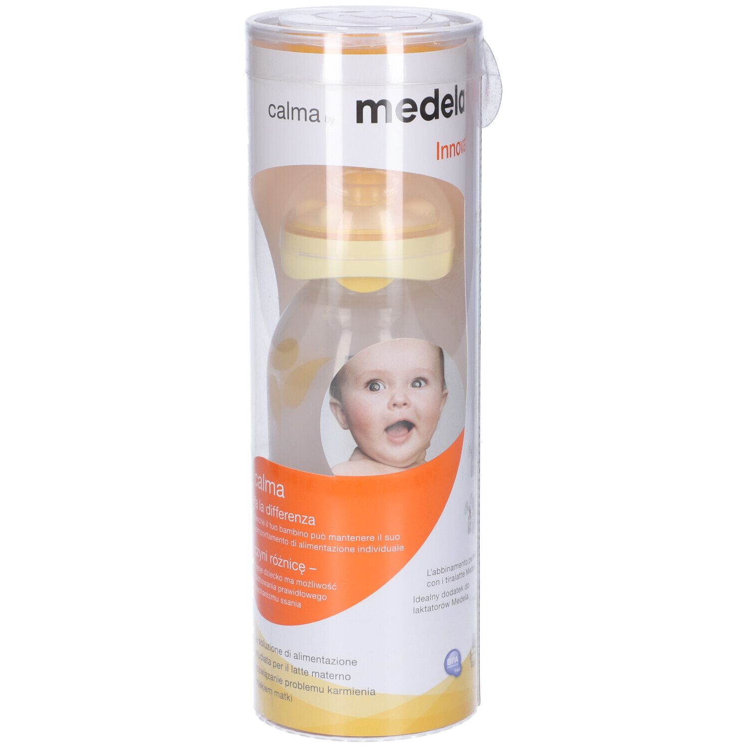 Biberon in confezione cilindrica. Bambino sulla confezione. Marchio Medela, nome prodotto Calma.
