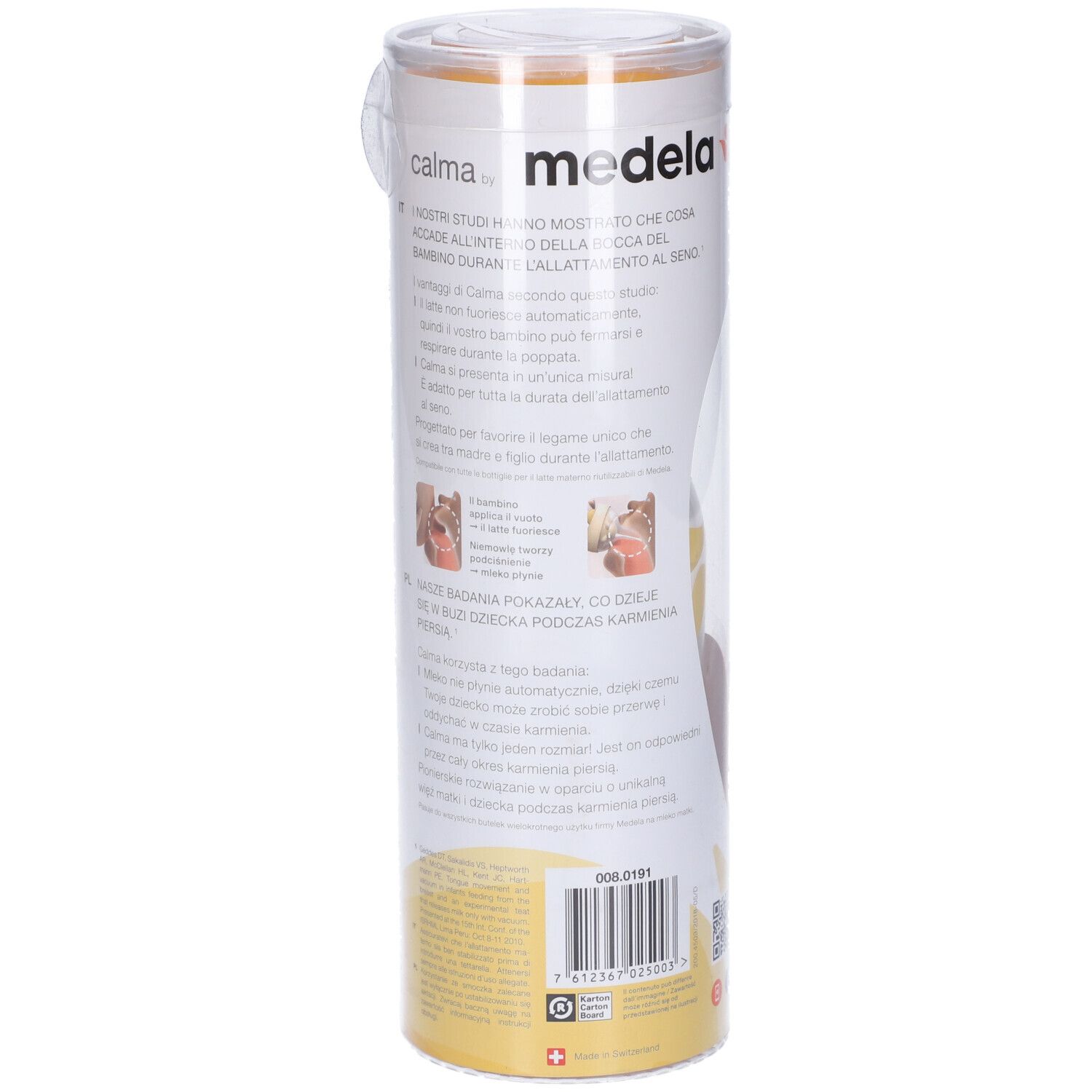 Retro della confezione cilindrica. Testo: Calma, Medela. Informazioni e illustrazioni.