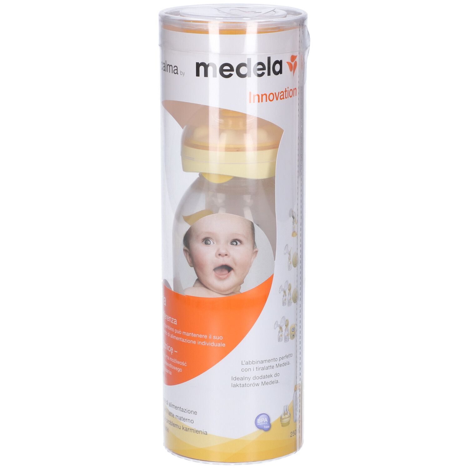 Biberon in confezione cilindrica. Bambino sulla confezione. Marchio Medela, nome prodotto Calma.