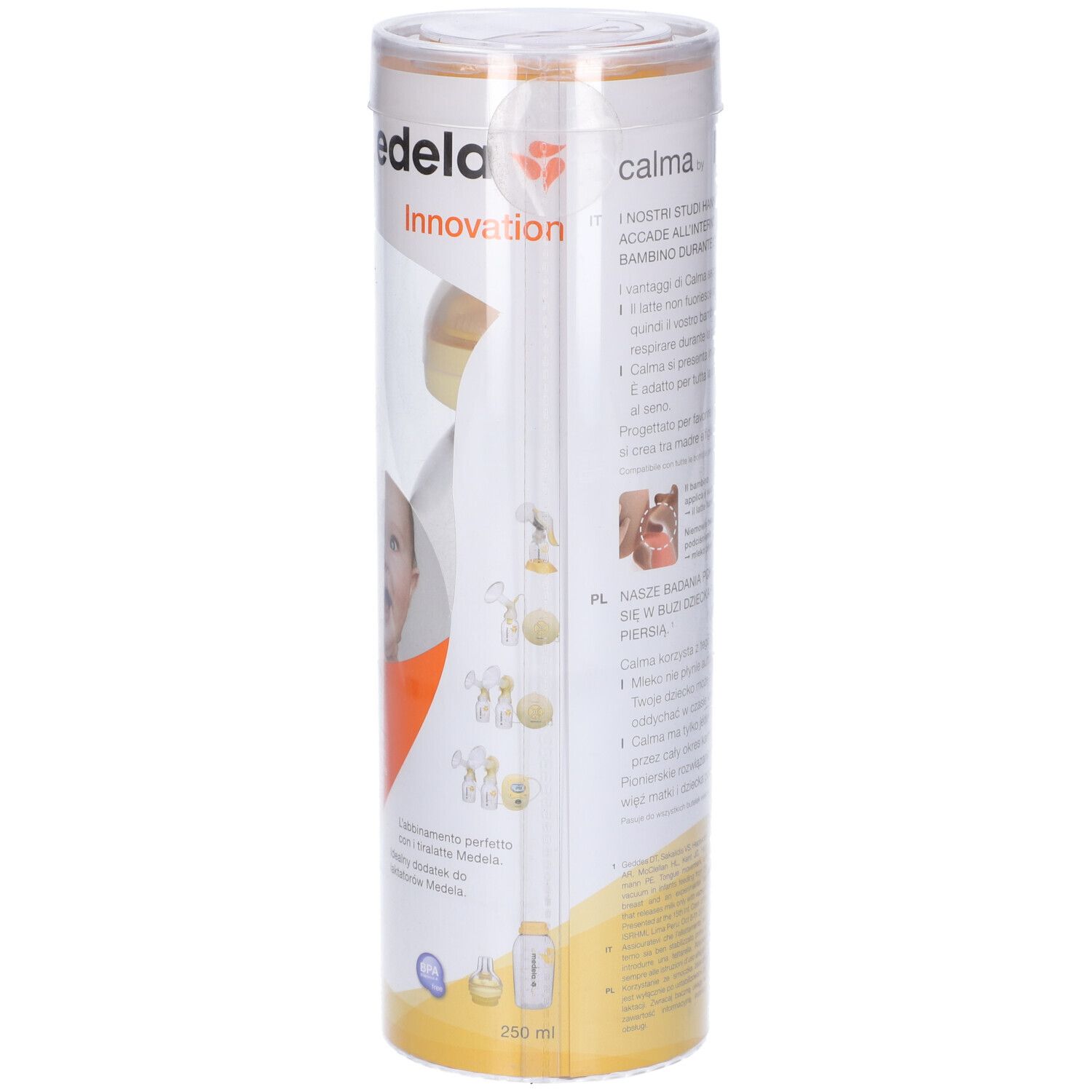 Retro della confezione cilindrica. Testo: Medela, Innovation. Illustrazioni e informazioni sul prodotto.