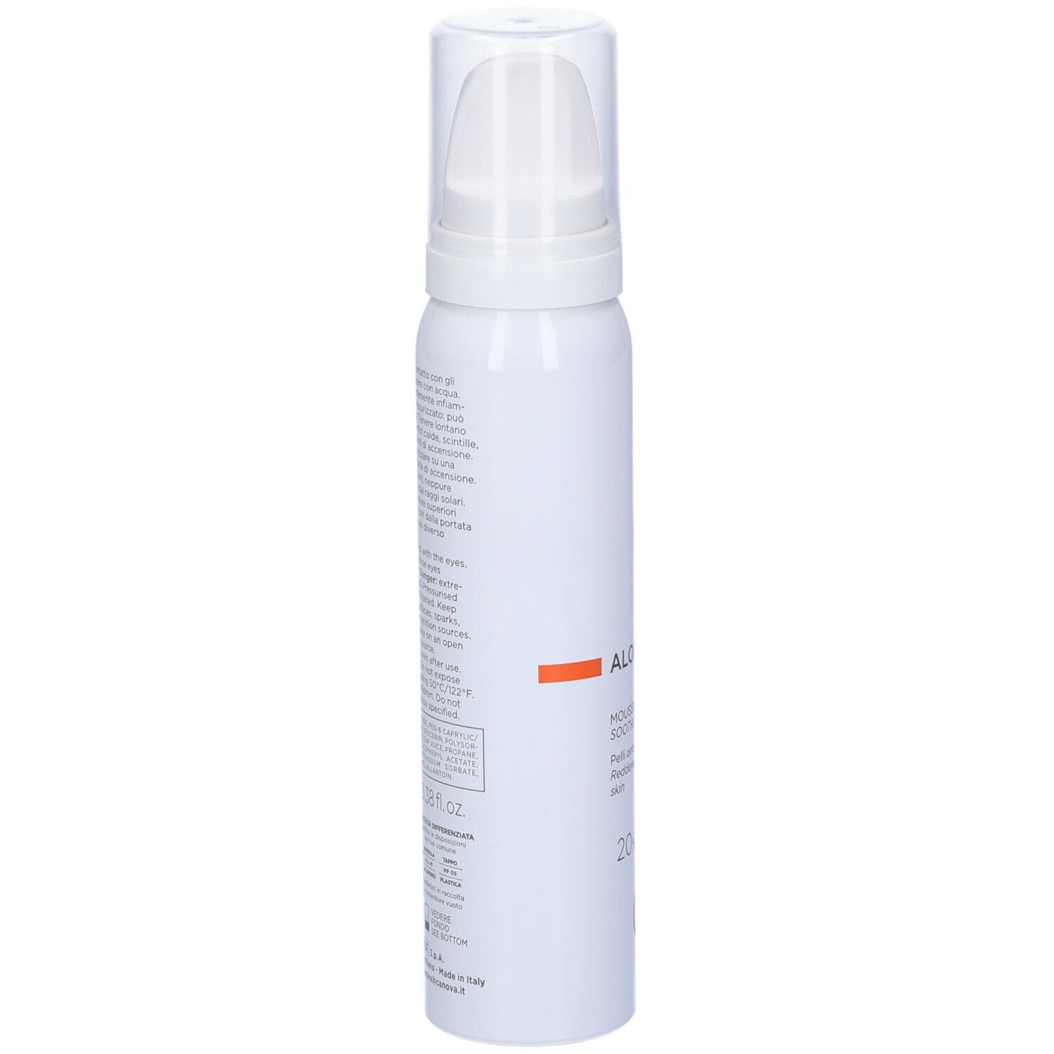 Flacone bianco con erogatore. Scritta: CANOVA, ALOEZINC 20, mousse lenitiva. 20% ossido di zinco.