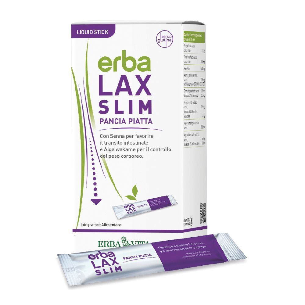 Scatola e stick singolo Erba Lax Slim. Scritto: Pancia Piatta. Contiene senna e alghe wakame.