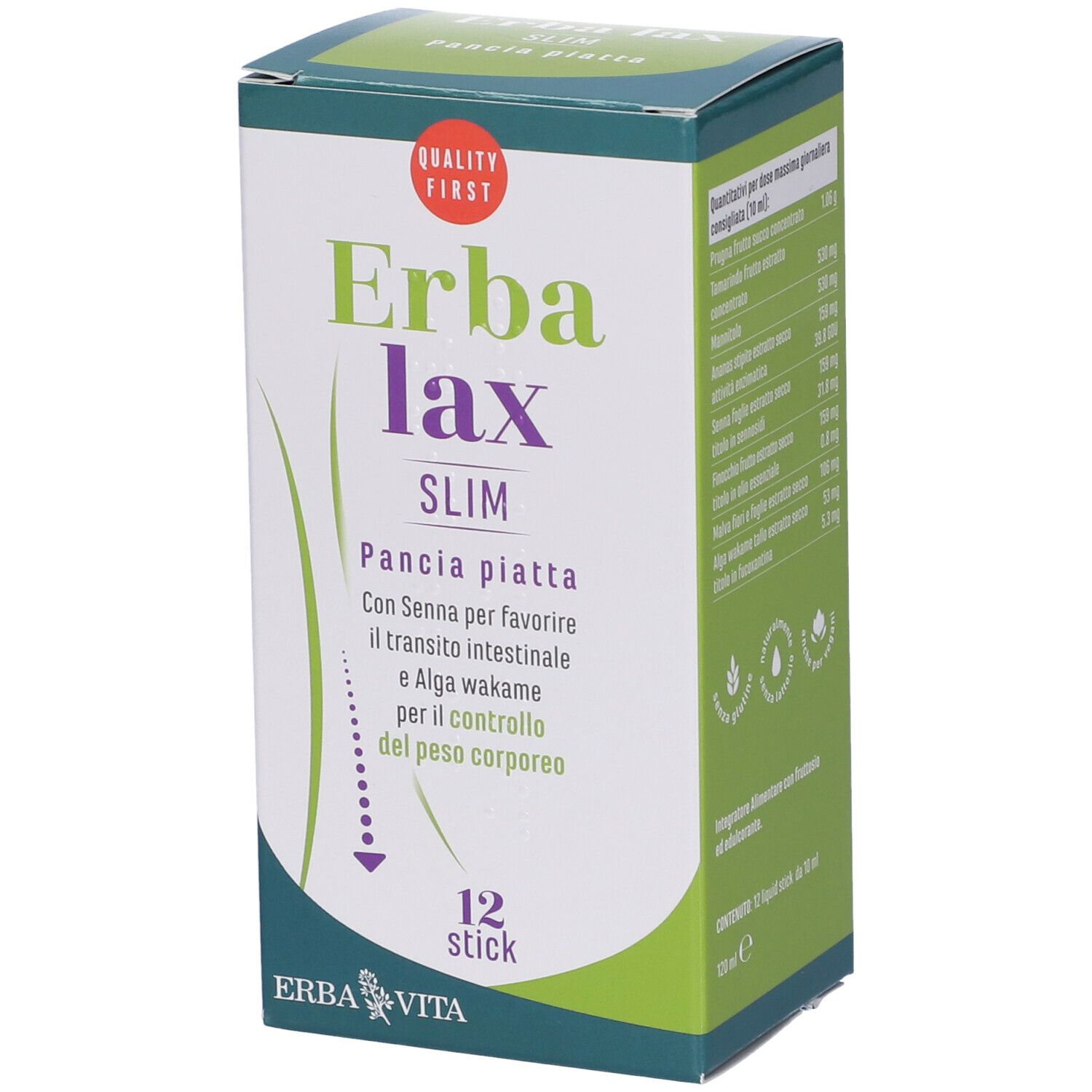 Scatola Erba Lax Slim con 12 stick. Scritto: Pancia Piatta. Contiene senna e alghe wakame. Marchio di qualità.