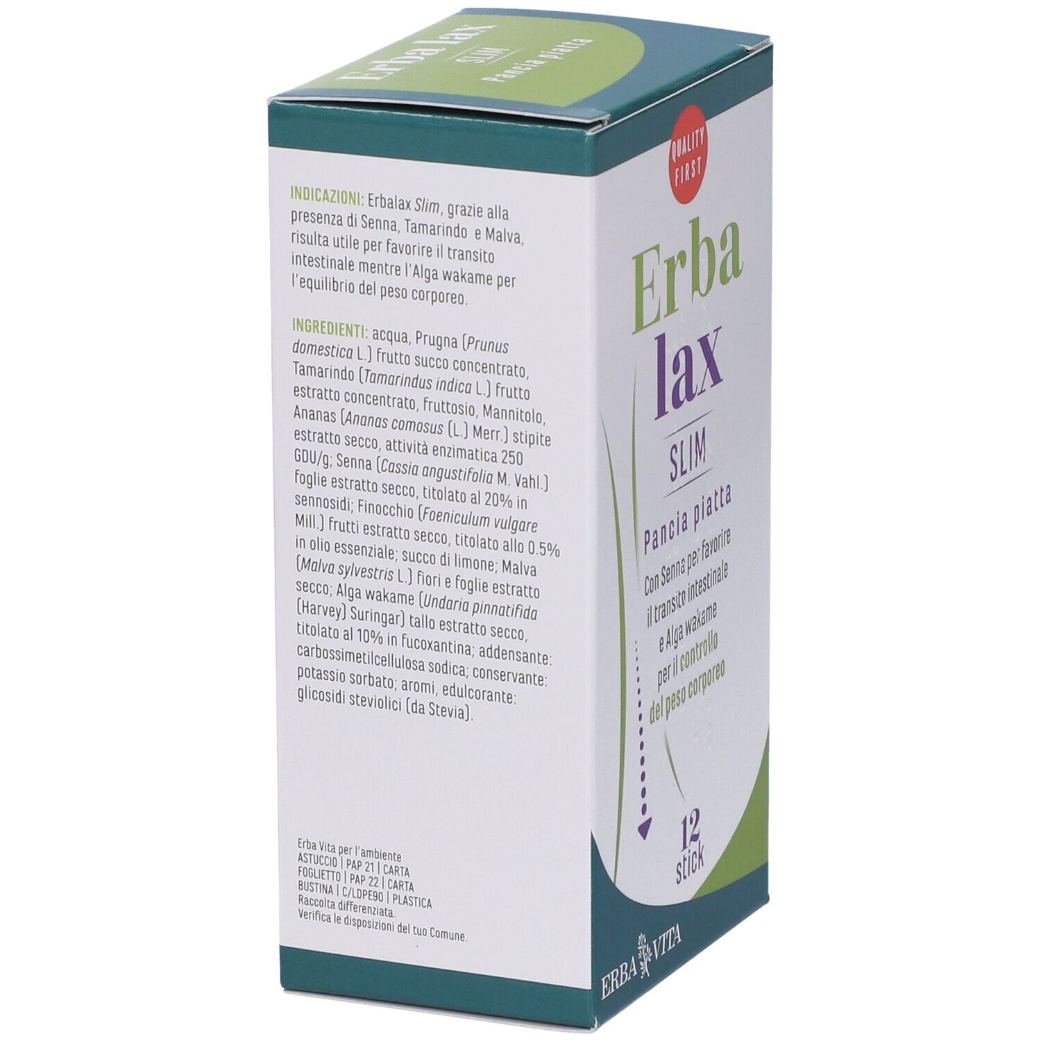 Scatola Erba Lax Slim, retro. Elenco ingredienti e istruzioni per l'uso. Contiene informazioni sugli ingredienti e l'uso.
