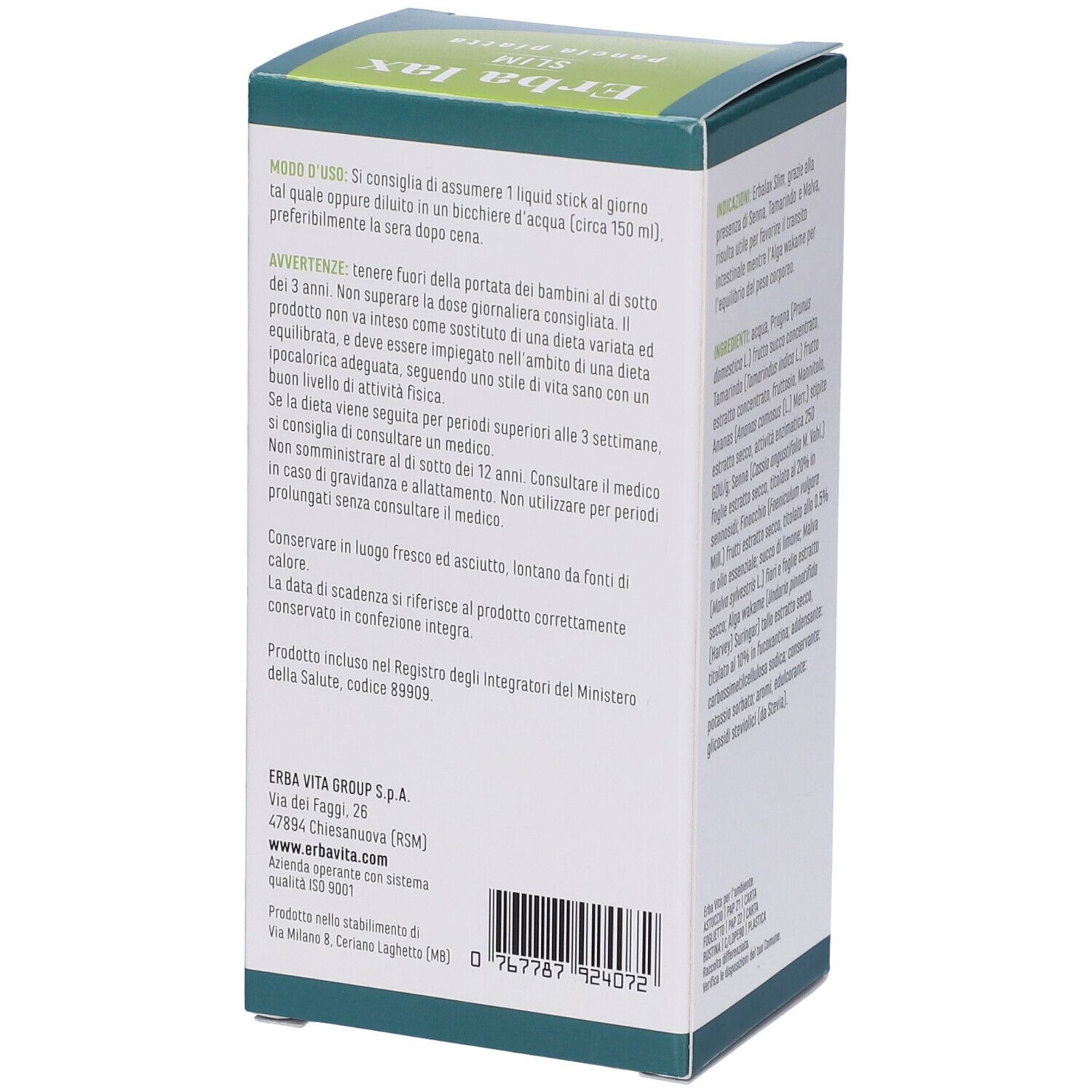 Scatola Erba Lax Slim, lato. Contiene informazioni sugli ingredienti e i valori nutrizionali. Logo senza glutine.