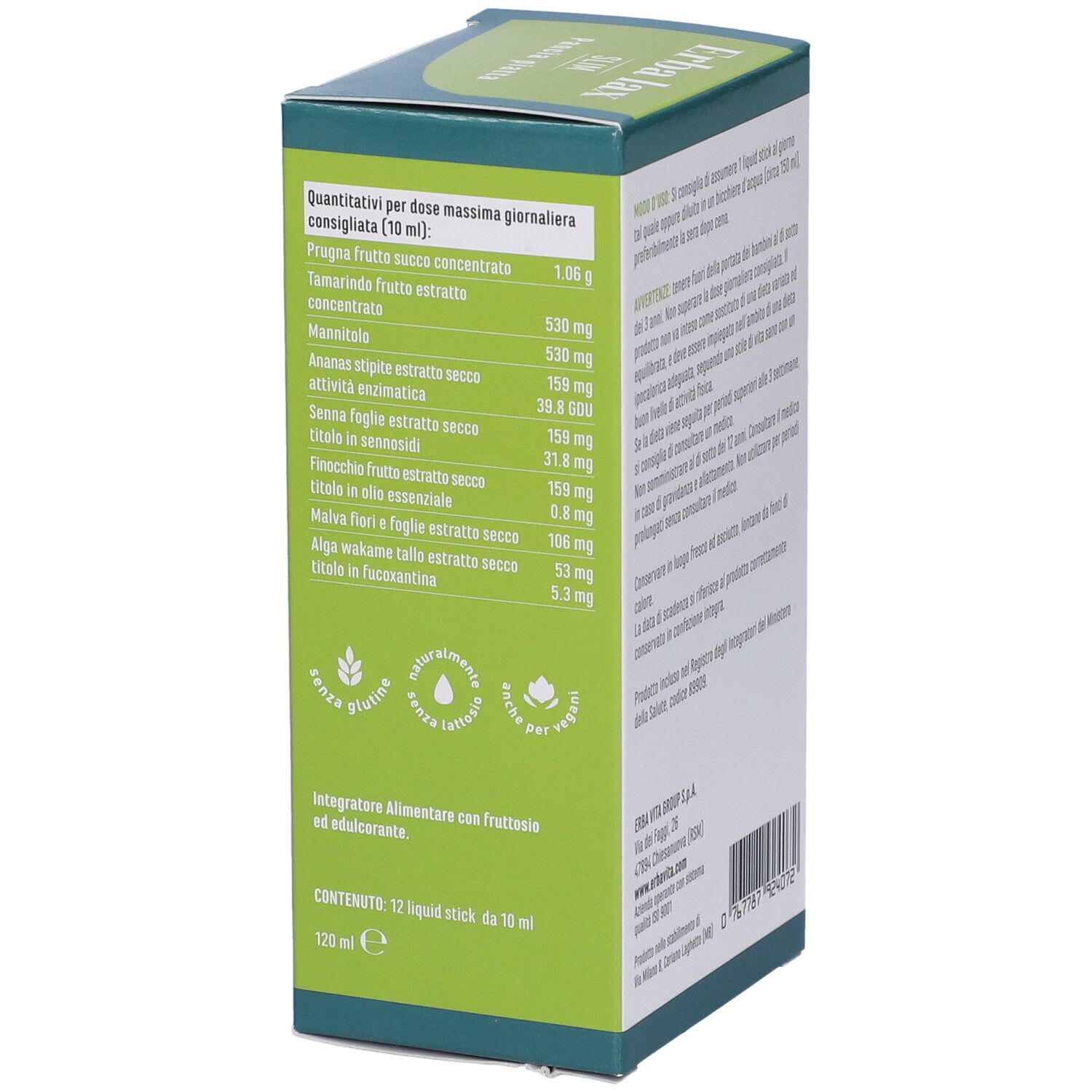 Scatola Erba Lax Slim, lato. Contiene informazioni sugli ingredienti e i valori nutrizionali. Logo senza glutine.