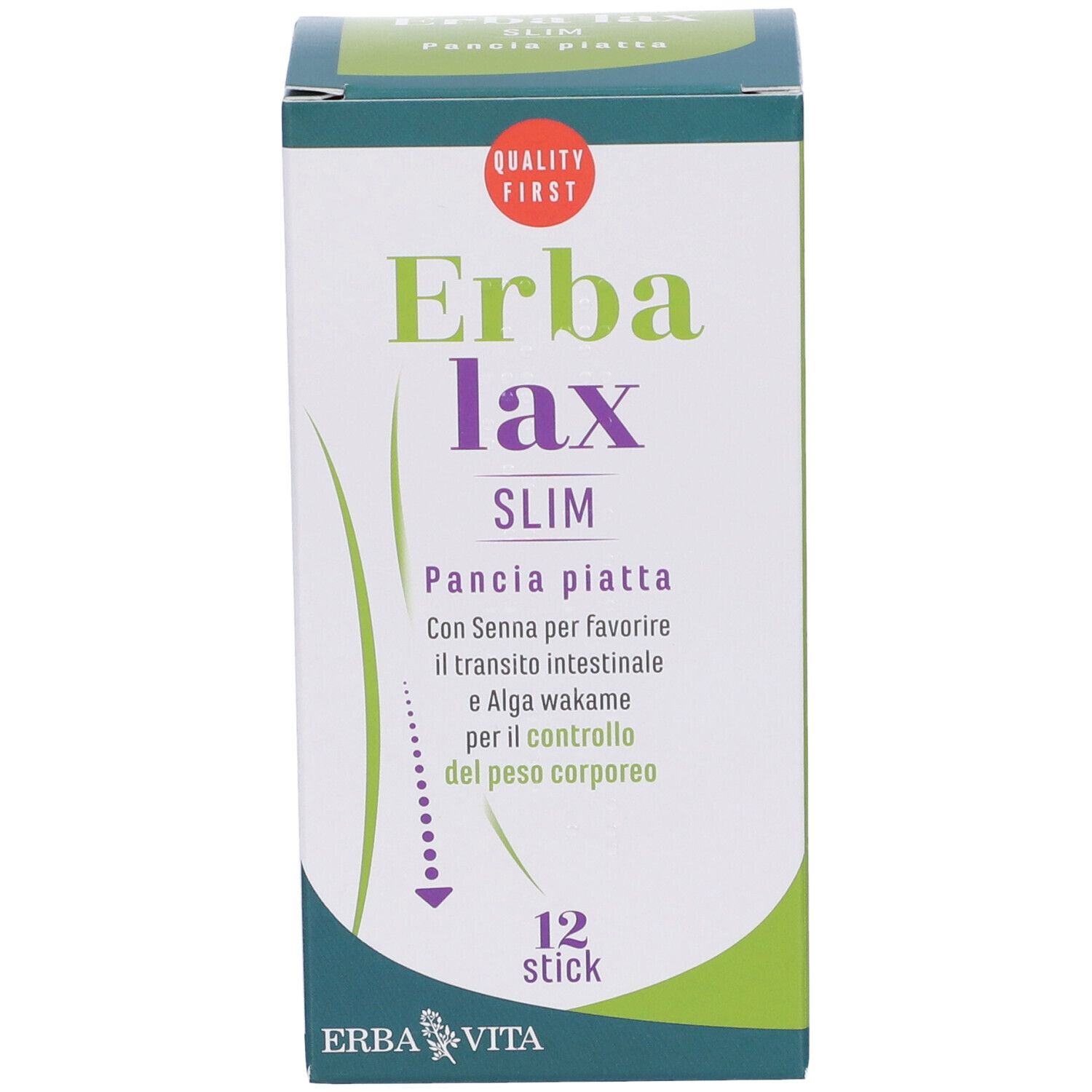 Scatola Erba Lax Slim. Scritto: Pancia Piatta. Contiene senna e alghe wakame. 12 stick.