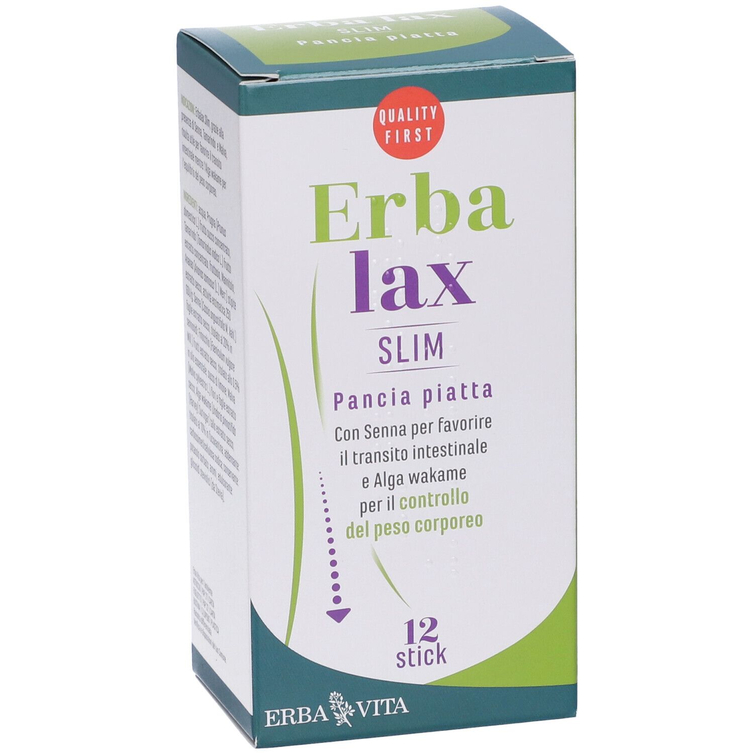 Scatola Erba Lax Slim. Scritto: Pancia Piatta. Contiene senna e alghe wakame. 12 stick.