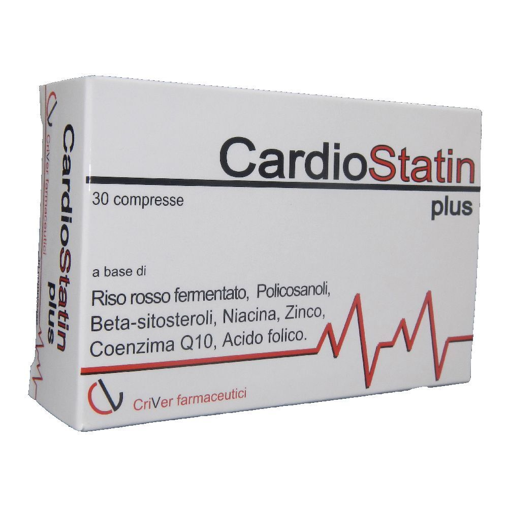 Scatola "CardioStatin plus" con 30 compresse. Ingredienti: Riso rosso fermentato, Policosanoli, Beta-sitosteroli, Niacina, Zinco, Coenzima Q10, Acido folico. Produttore: Criver farmaceutici.