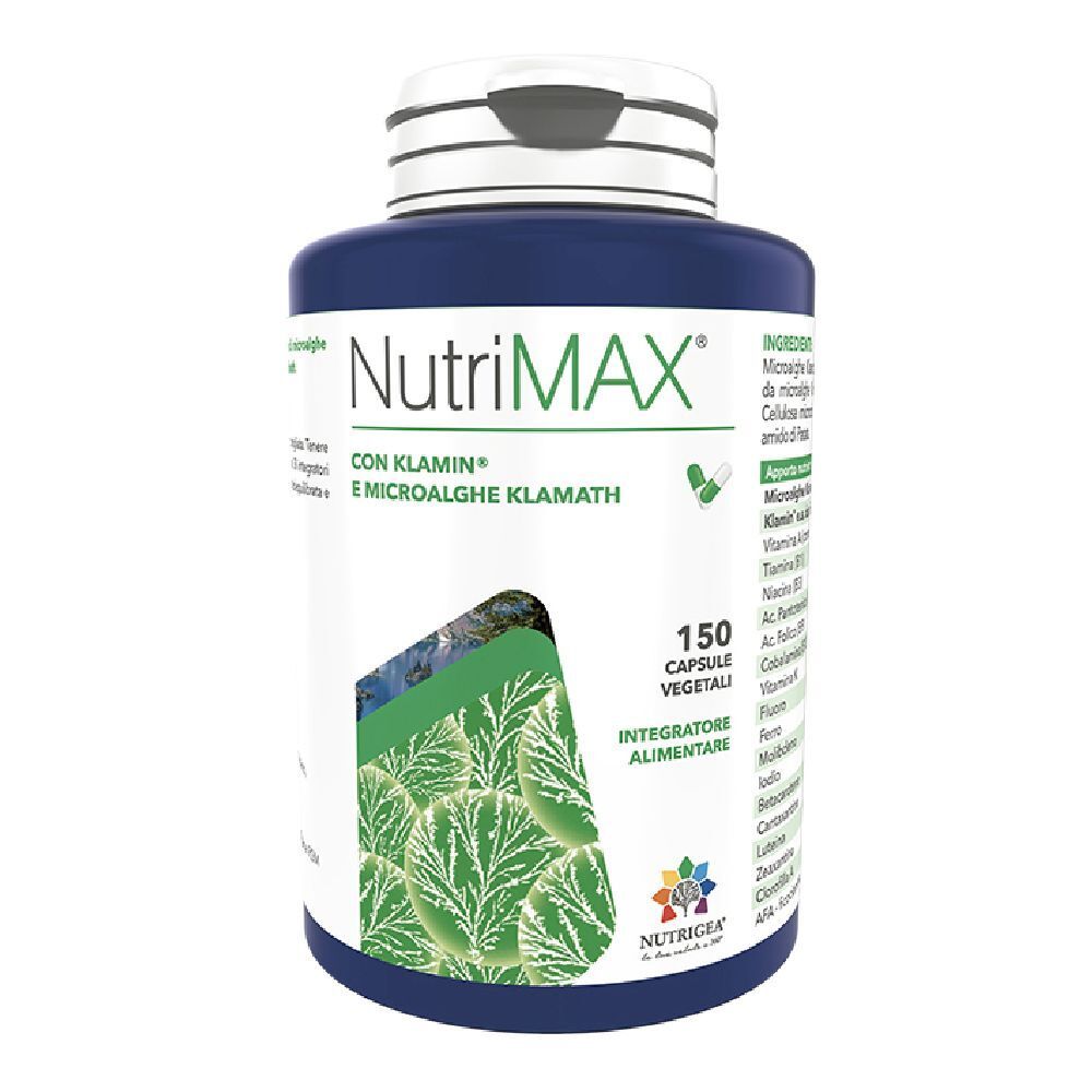 Flacone blu con tappo bianco. Scritta NutriMAX, 150 capsule. Con Klamin e microalghe.