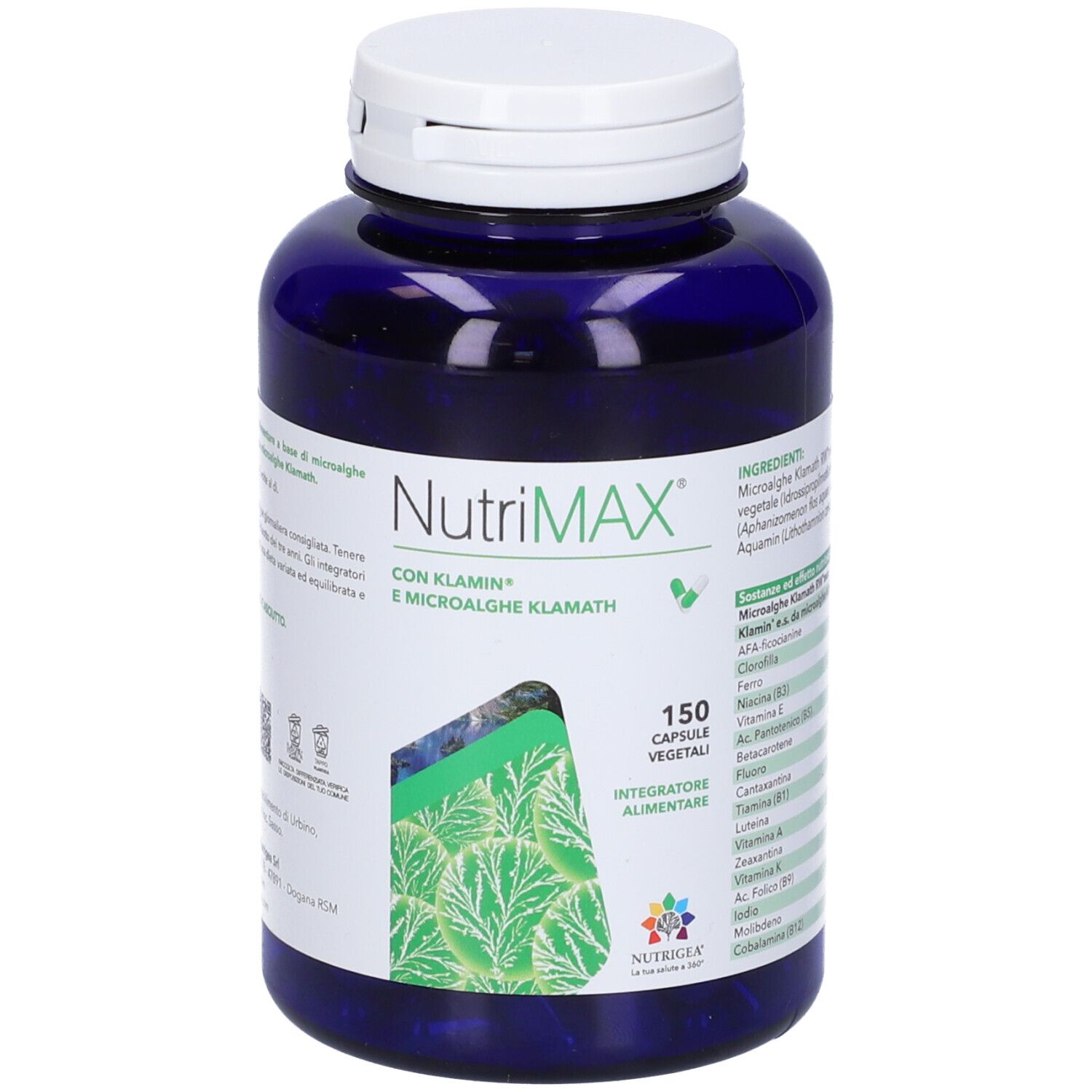 Flacone blu con tappo bianco. Scritta NutriMAX, 150 capsule. Con Klamin e microalghe.