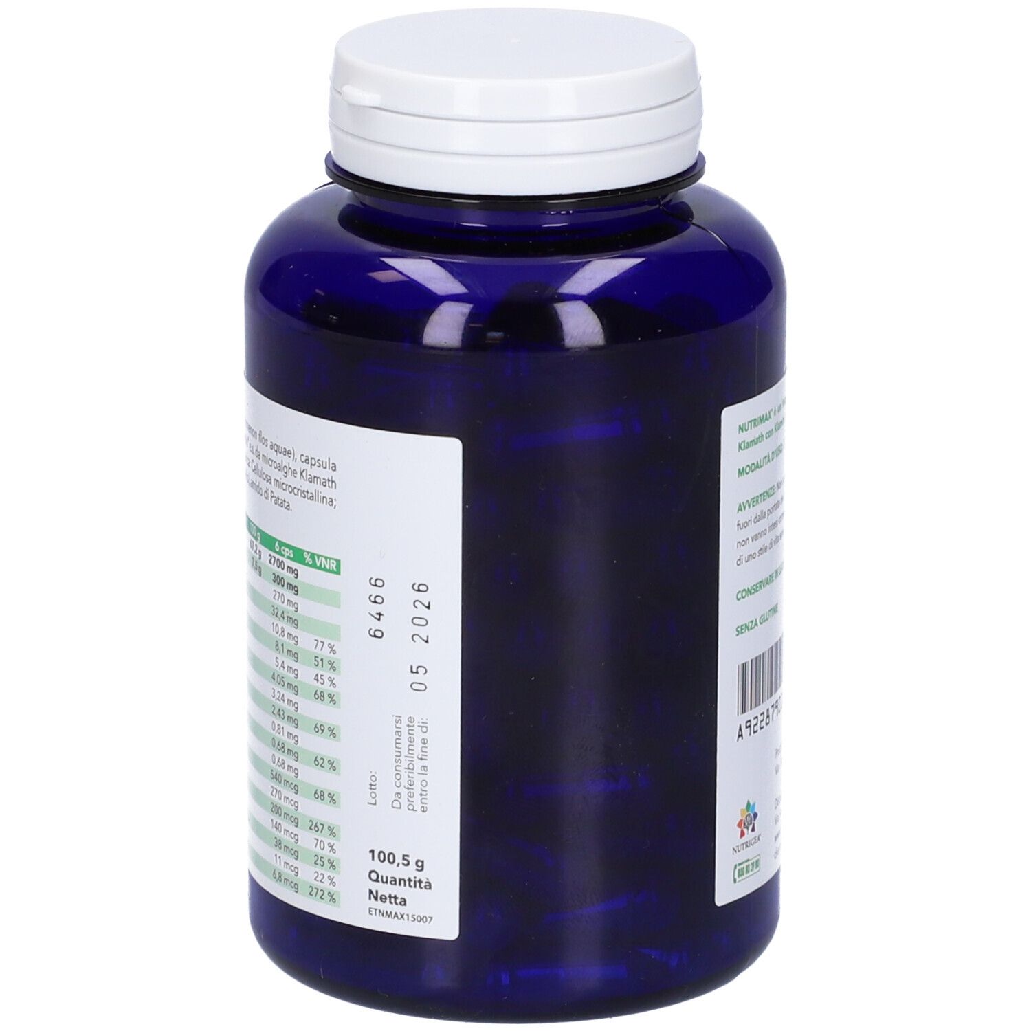 Retro del flacone blu. Informazioni nutrizionali. Peso netto 100,5 g. Da consumarsi preferibilmente entro 05 2026.