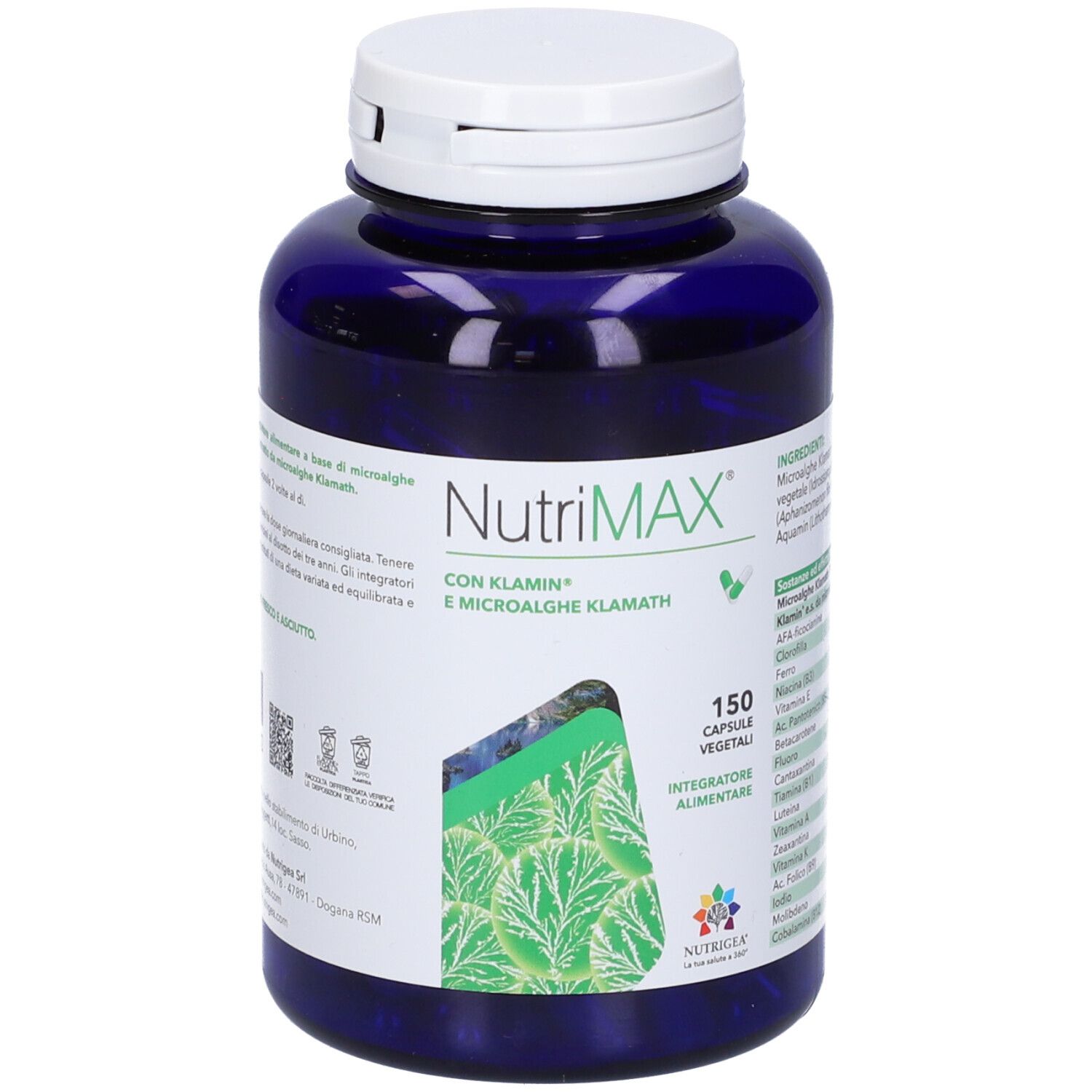 Flacone blu con tappo bianco. Scritta NutriMAX, 150 capsule. Con Klamin e microalghe.