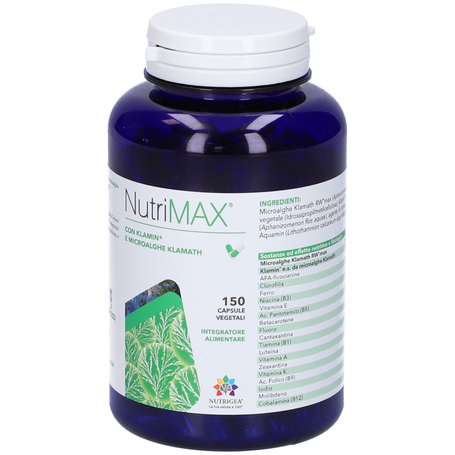 Flacone blu con tappo bianco. Scritta NutriMAX, 150 capsule. Con Klamin e microalghe. Elenco ingredienti.