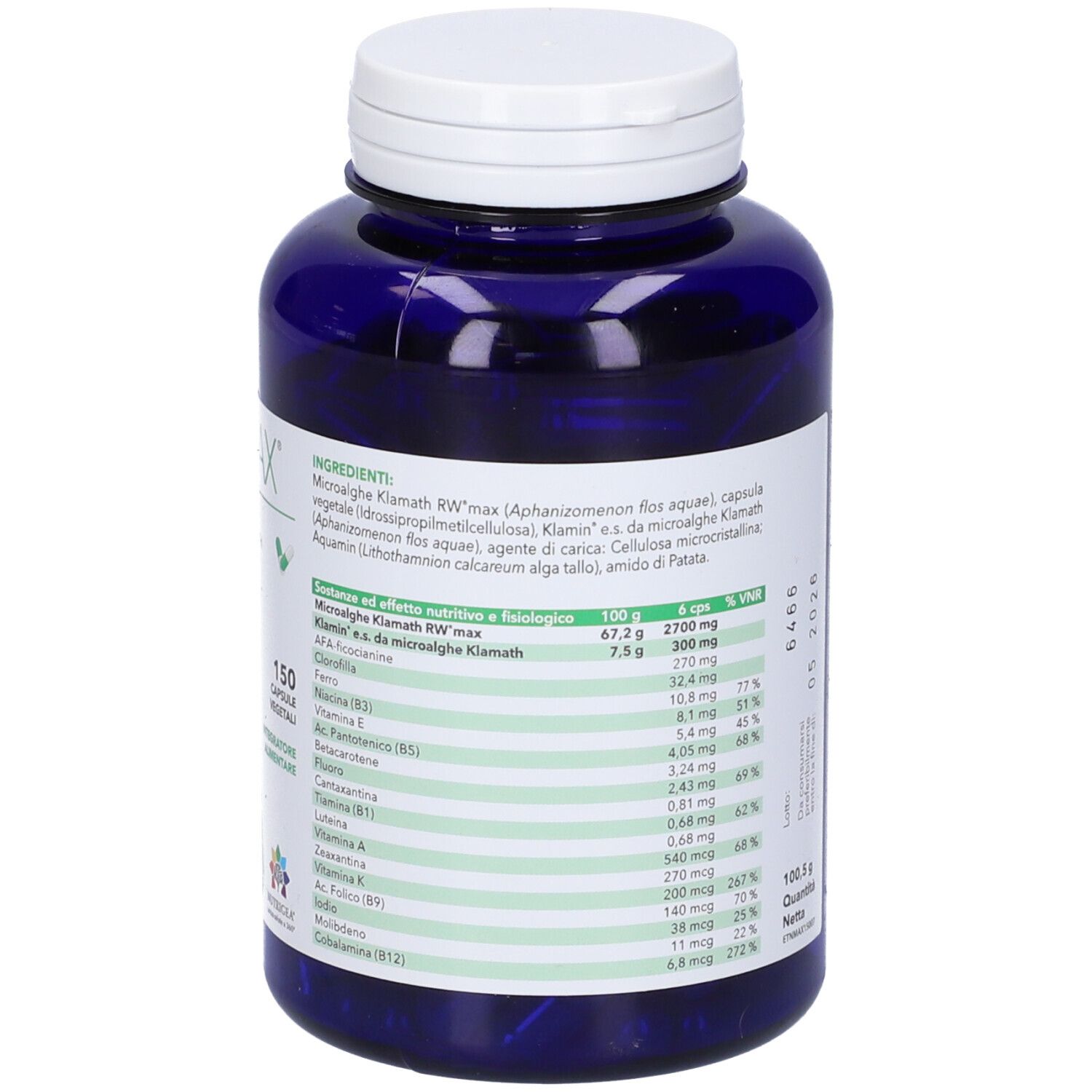 Retro del flacone blu. Informazioni nutrizionali. 150 capsule. Elenco ingredienti.