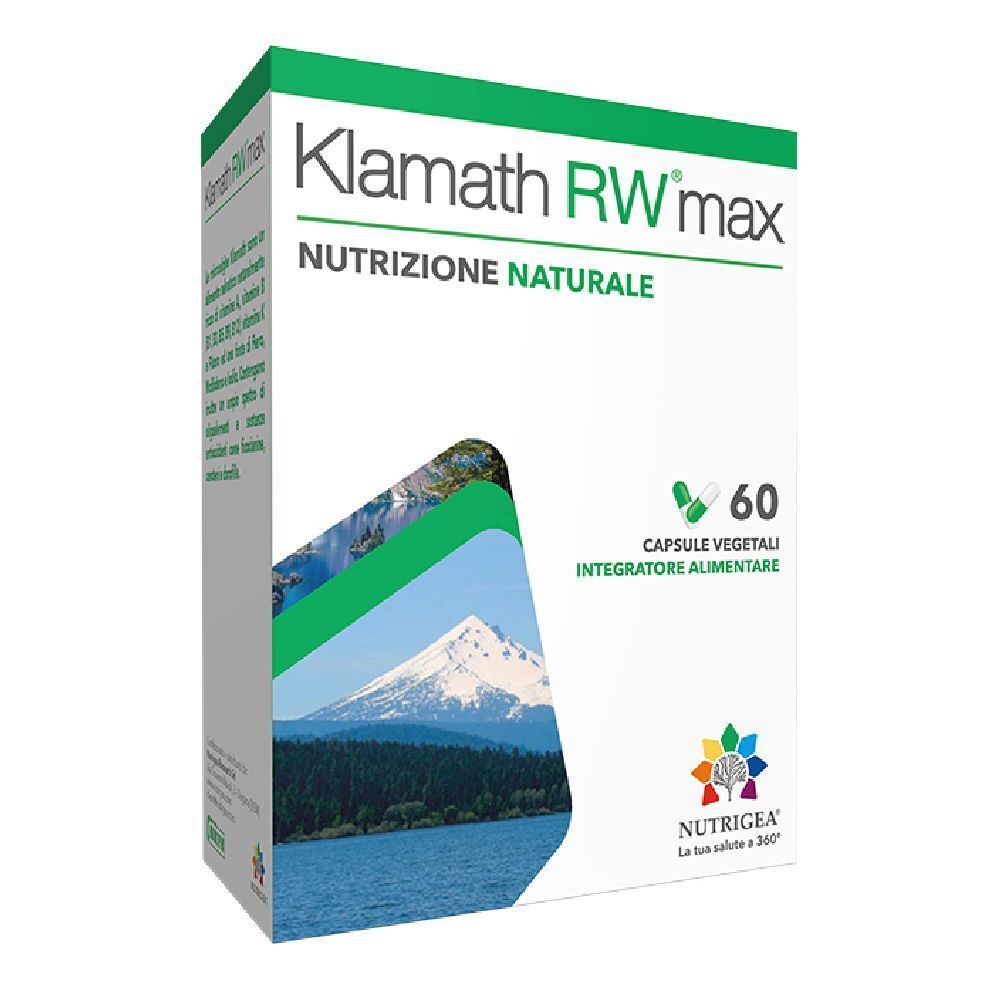 Scatola Klamath RW max. 60 capsule. Nutrizione naturale. Paesaggio. Logo Nutrigea.