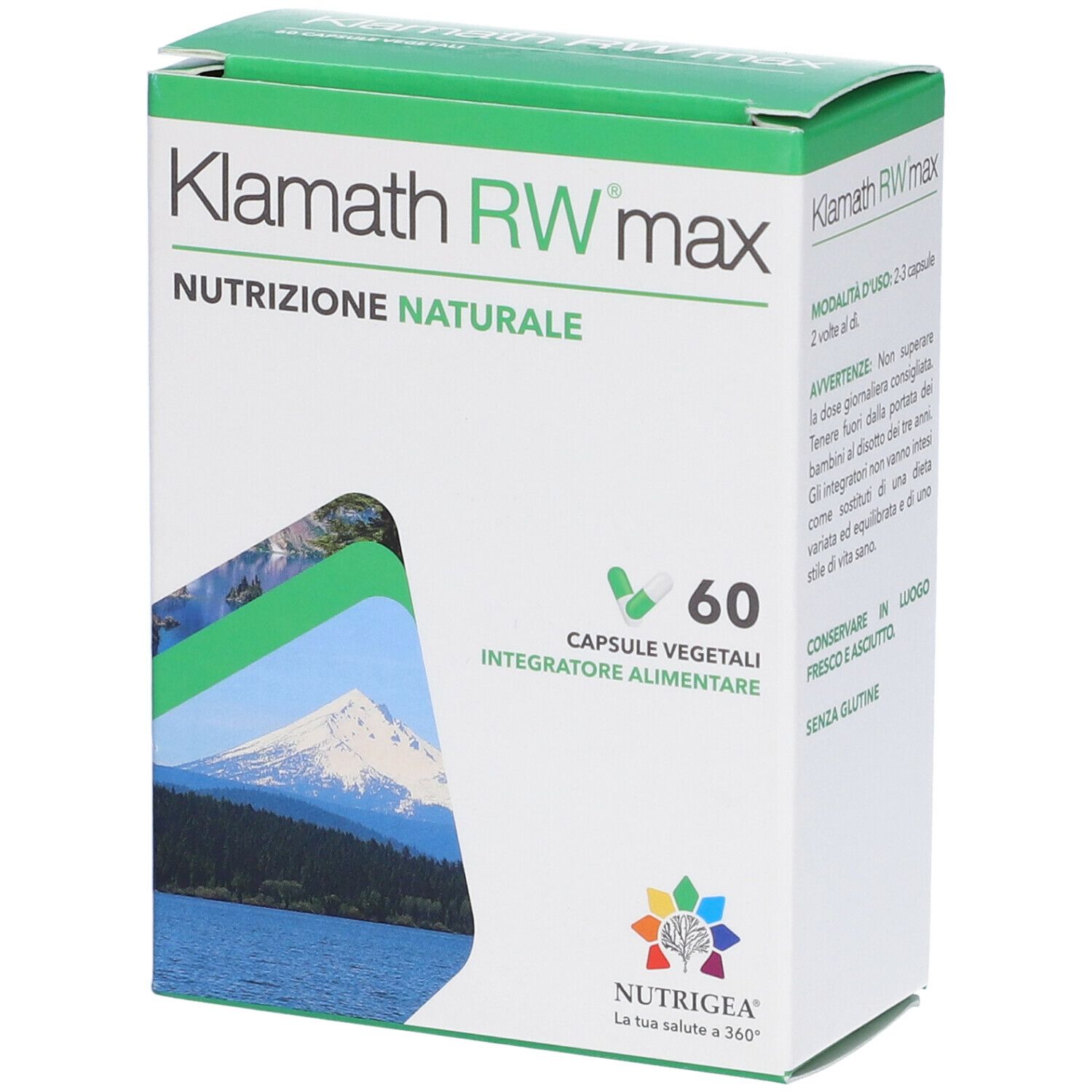 Scatola Klamath RW max. 60 capsule. Nutrizione naturale. Informazioni sul prodotto sul lato.