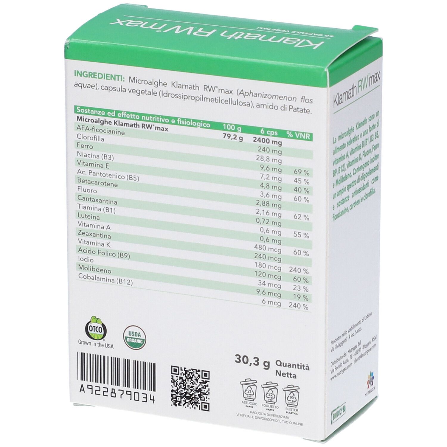 Scatola Klamath RW max. Elenco ingredienti e informazioni nutrizionali. Sigilli OTCO e USDA.
