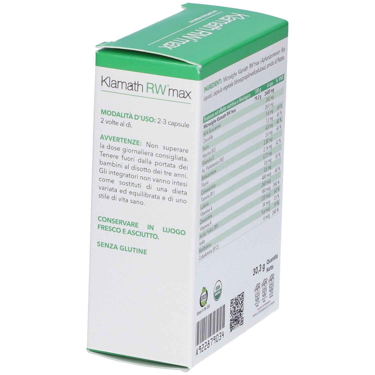 Scatola Klamath RW max. Istruzioni per l'uso e avvertenze. Codice QR e sigillo USDA.