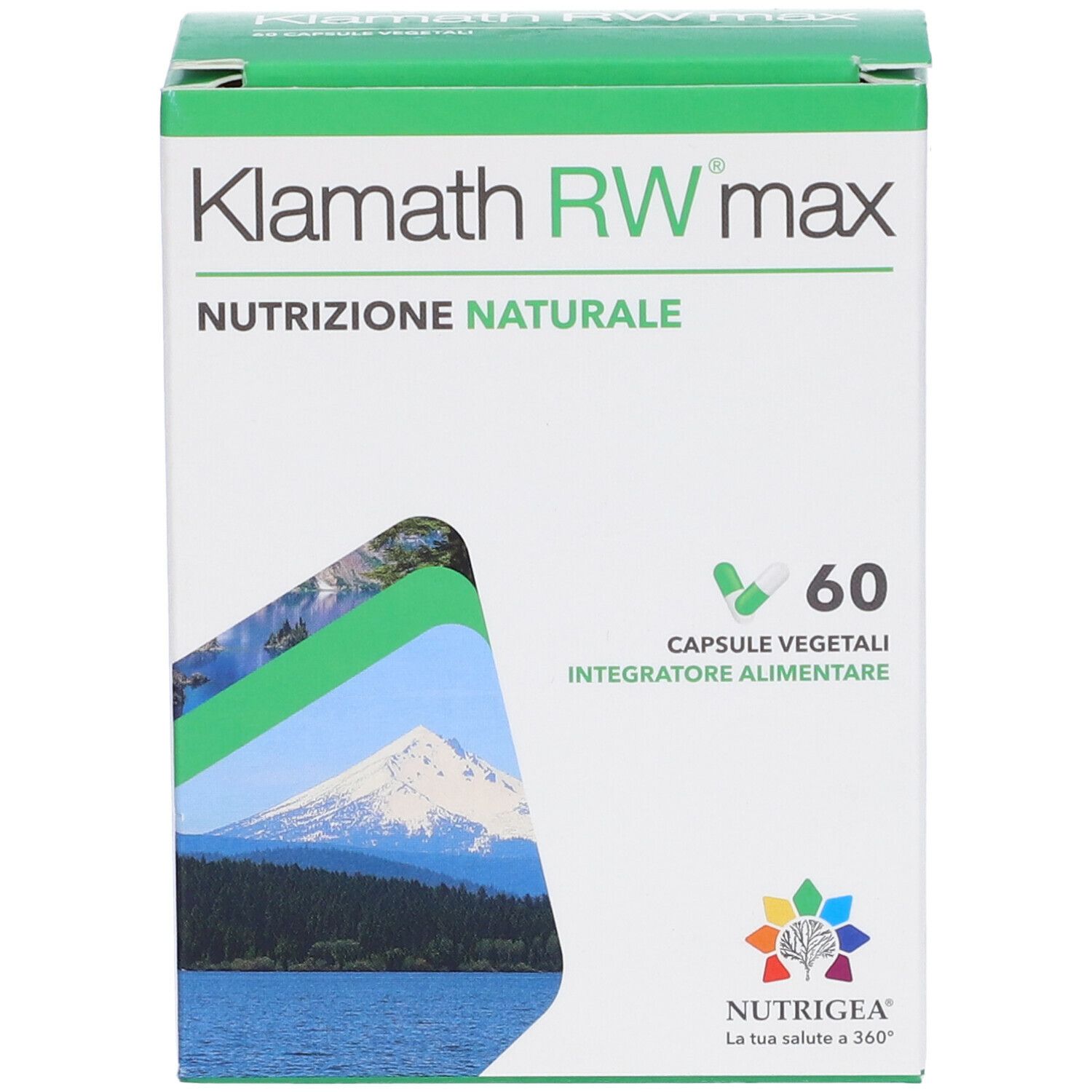 Scatola Klamath RW max. 60 capsule. Nutrizione naturale. Paesaggio. Logo Nutrigea.