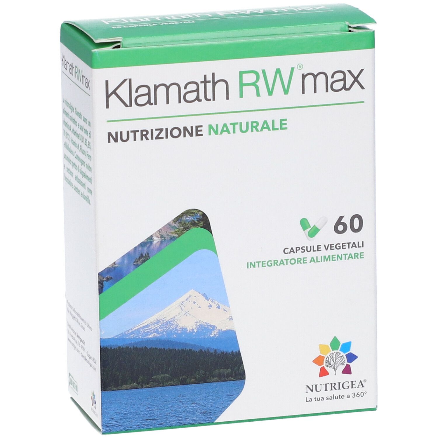 Scatola Klamath RW max. 60 capsule. Nutrizione naturale. Paesaggio. Logo Nutrigea.