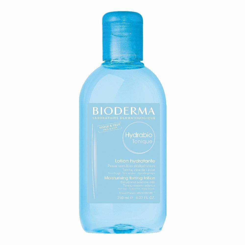 Flacone azzurro con tappo blu. Scritta: BIODERMA, Hydrabio Tonique. Lotion hydratante. Per pelli disidratate.