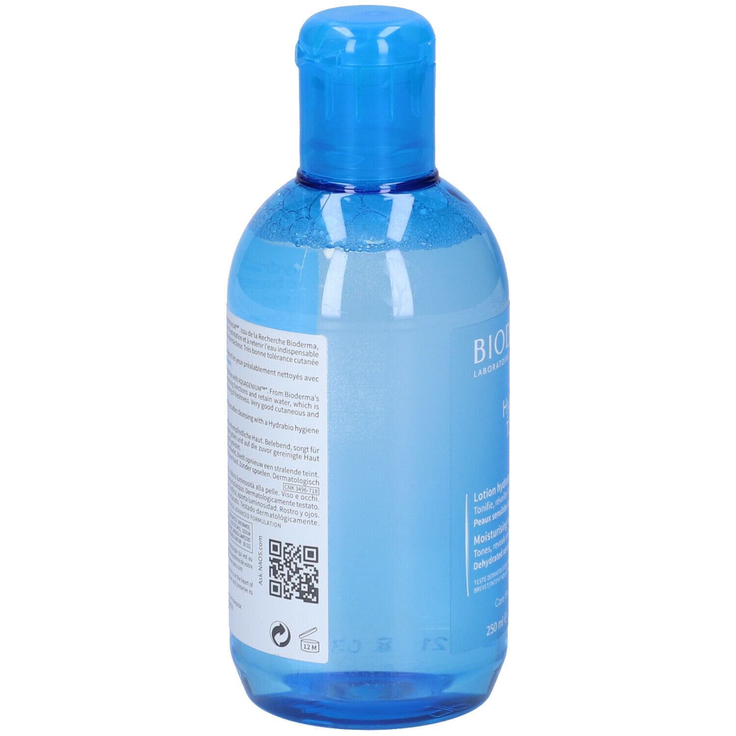 Retro di un flacone azzurro con tappo blu. Scritta: BIODERMA, Hydrabio Tonique. Testo multilingue.